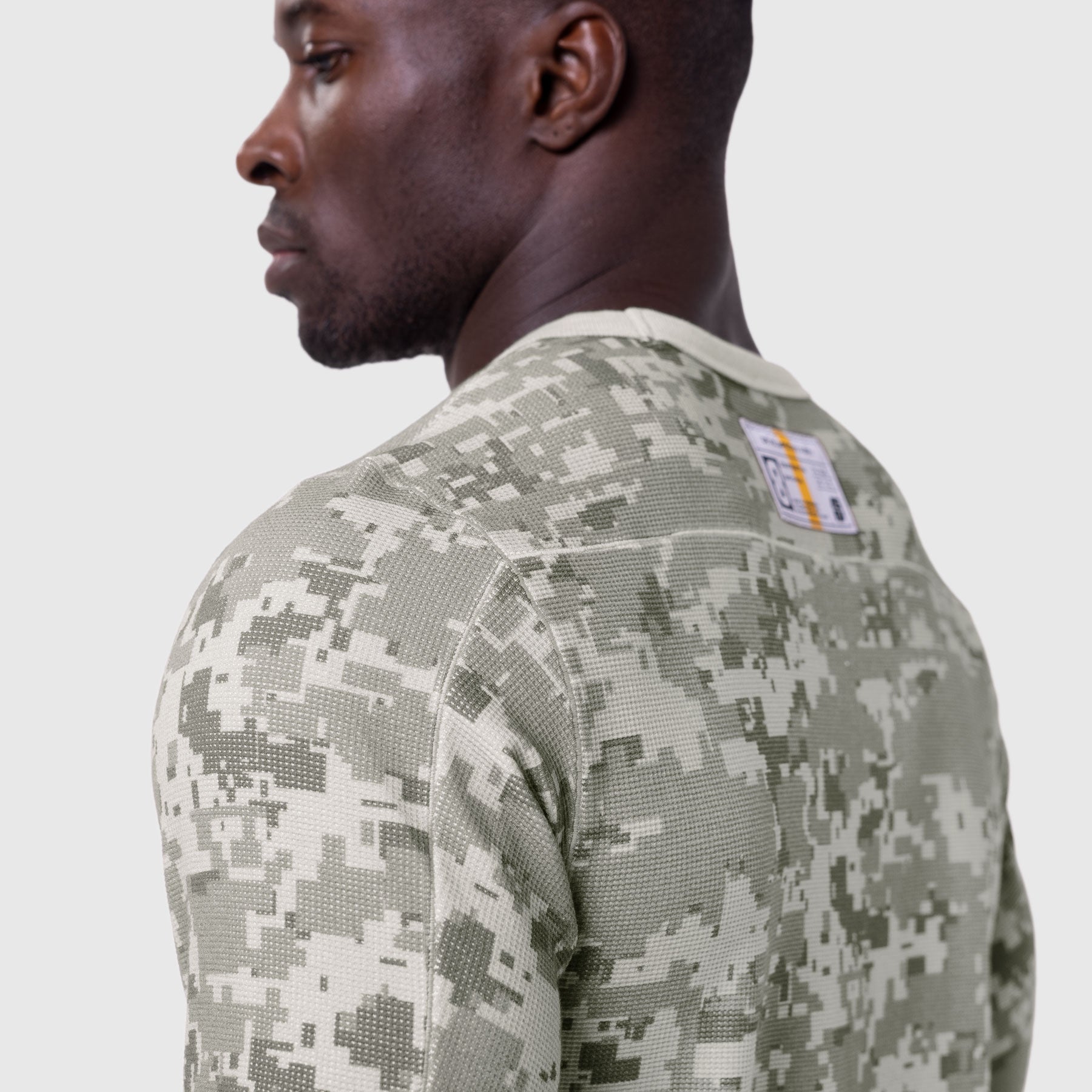 Waffle Knit Longsleeve in Digital Camo worn by model, back view
