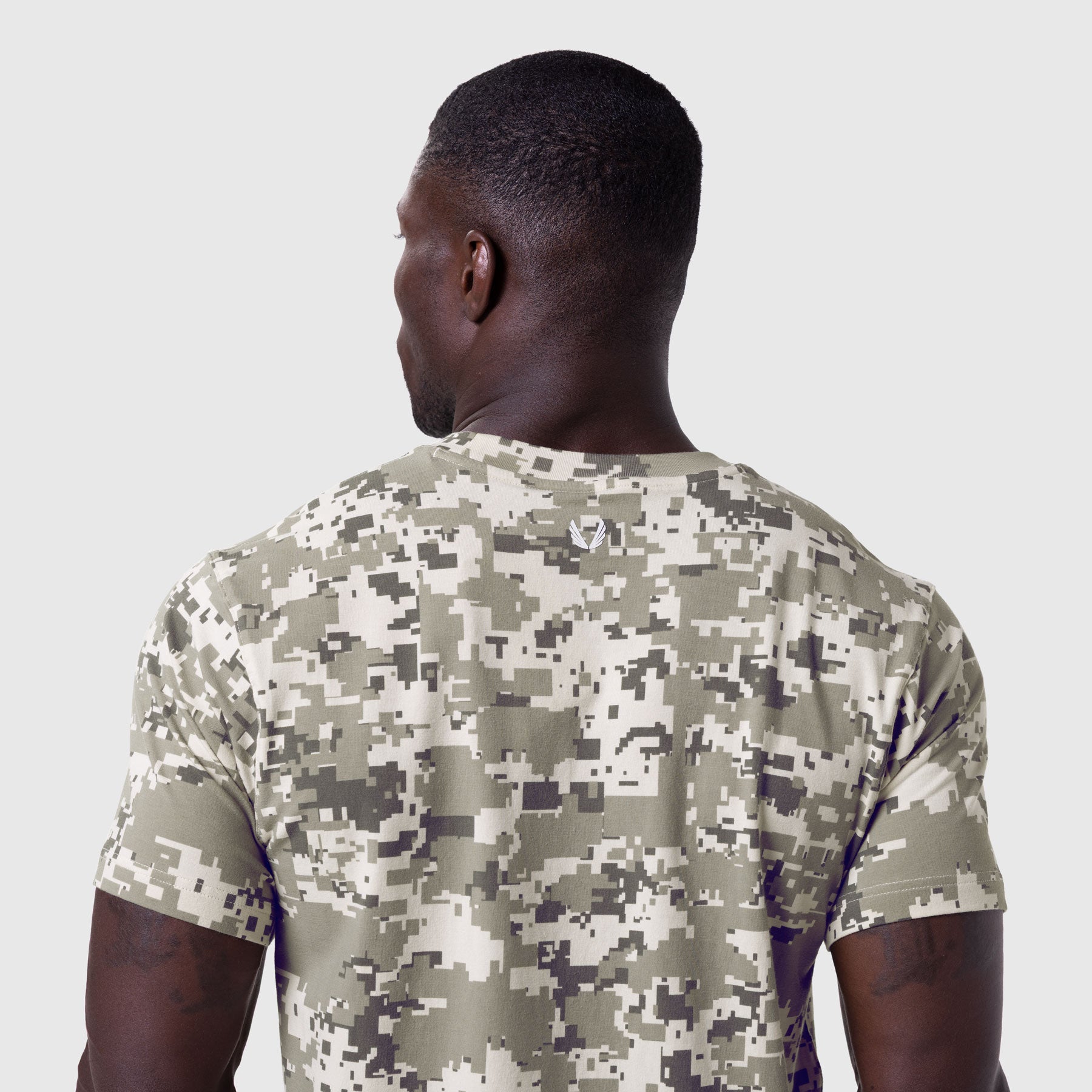 Digital camo Supima Essential Tee worn by model, back view