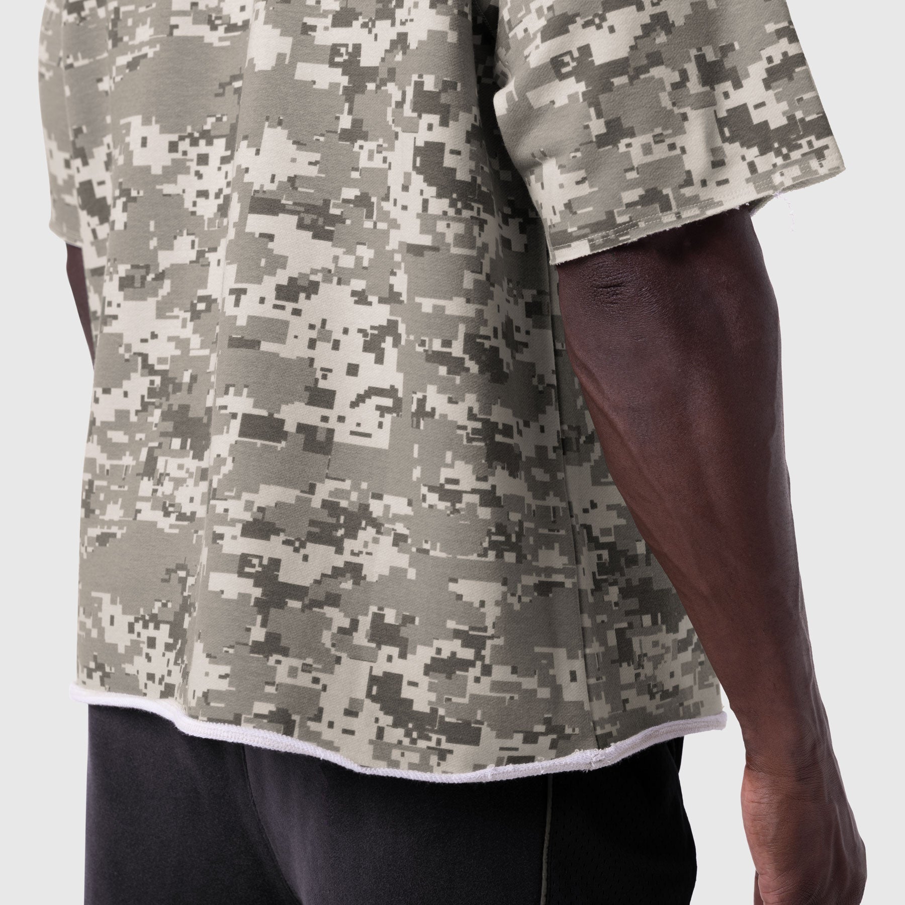 Vintage Raw Hem Pump Cover in digital camo, worn by model showing side view