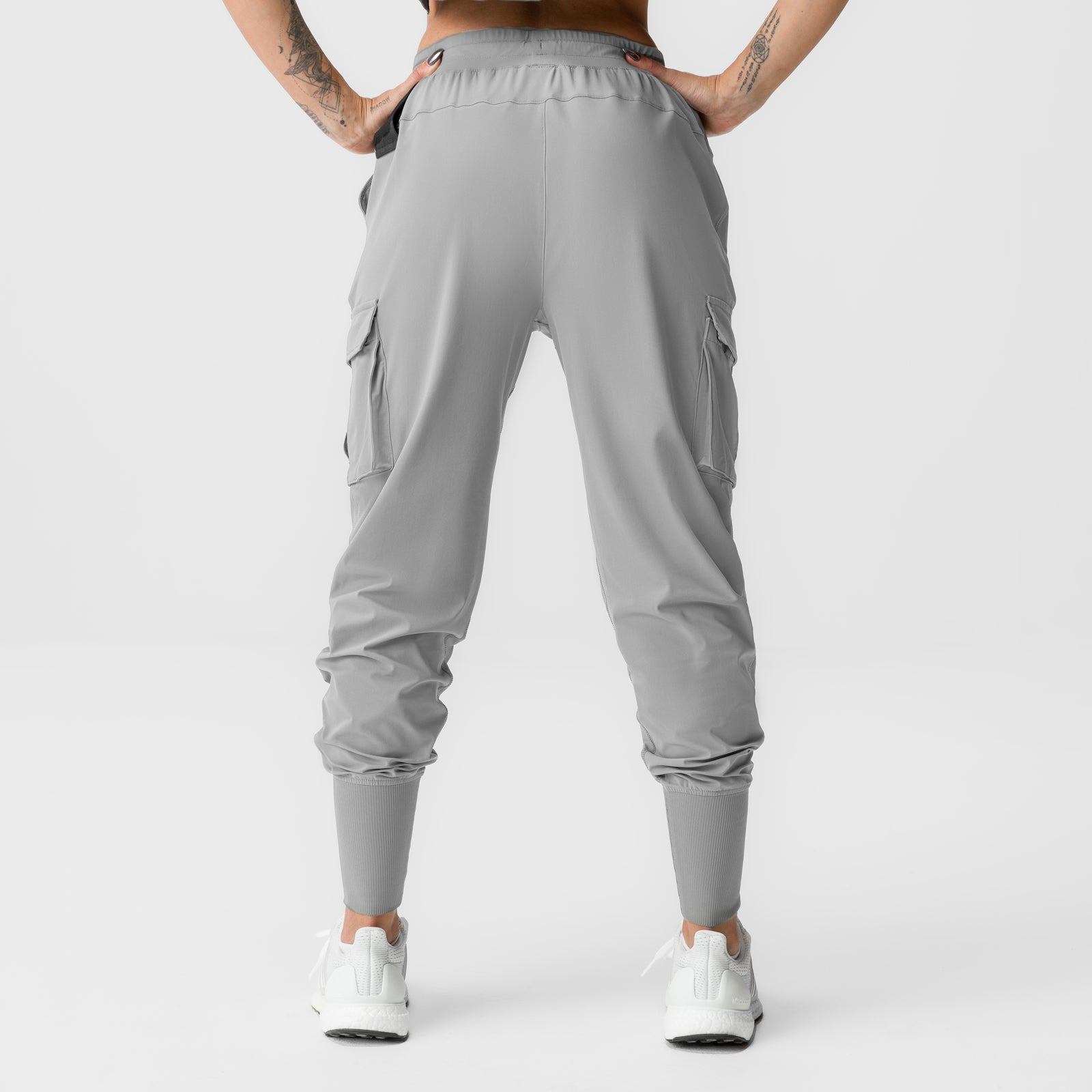 Women's Tetra-Lite Cargo High Rib Jogger in Slate Grey, back view on model