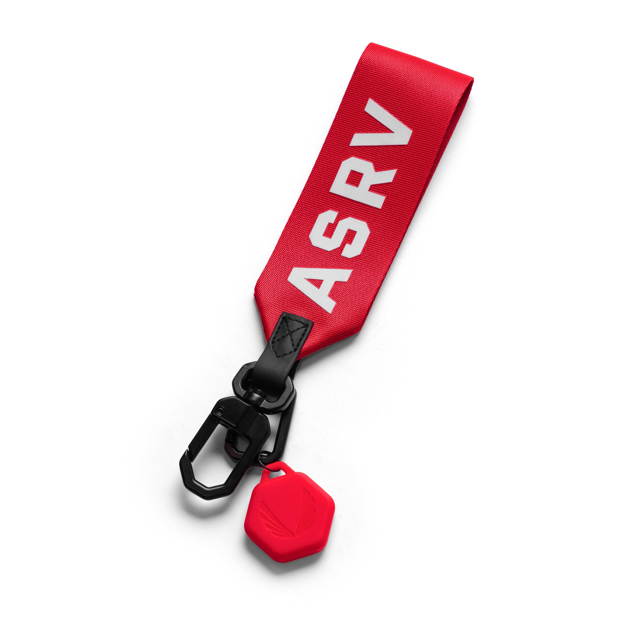 ASRV AirTag Lanyard Keychain in red with black carabiner, overhead view