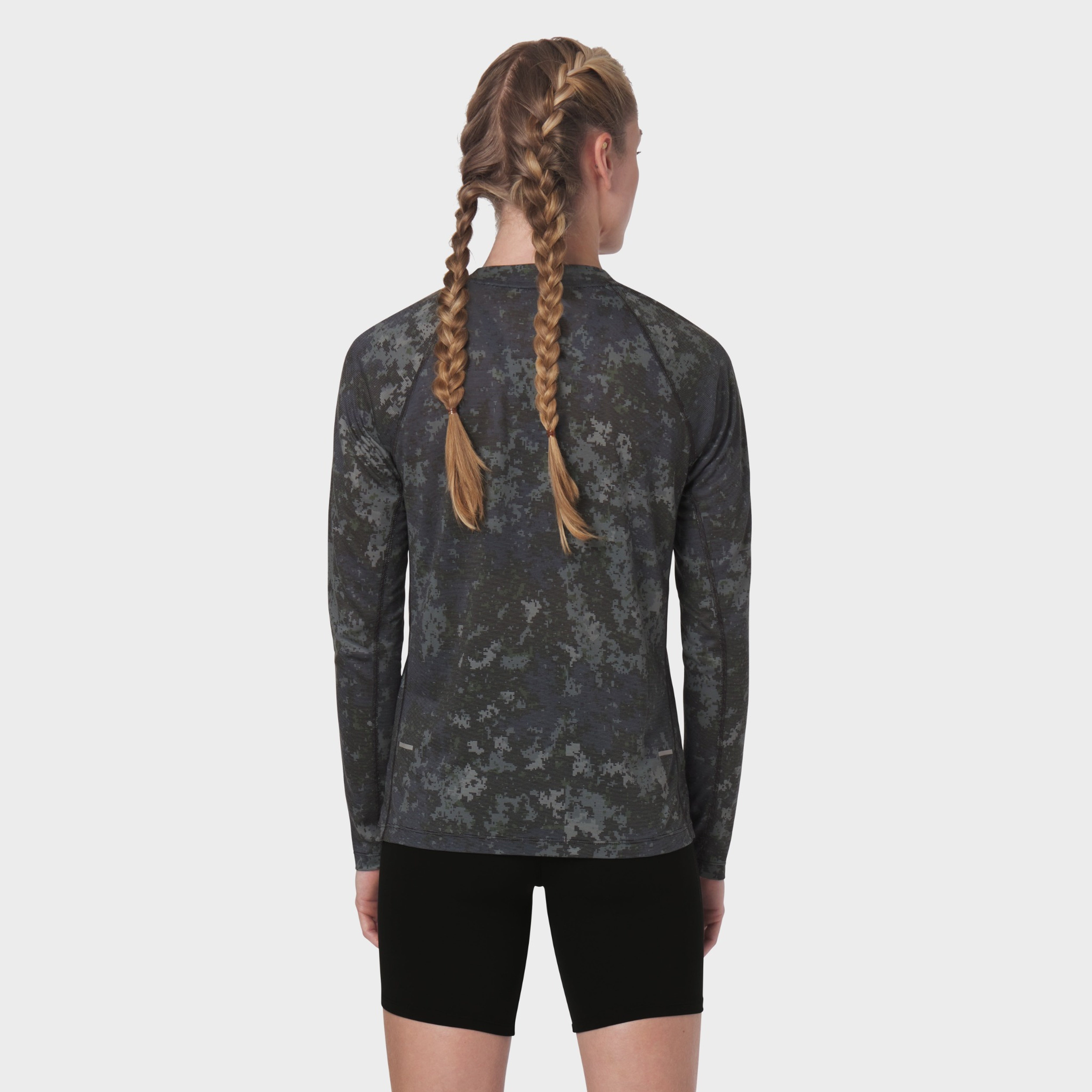 Polartec® Delta Longsleeve in pixel camo, back view on model with braided hair