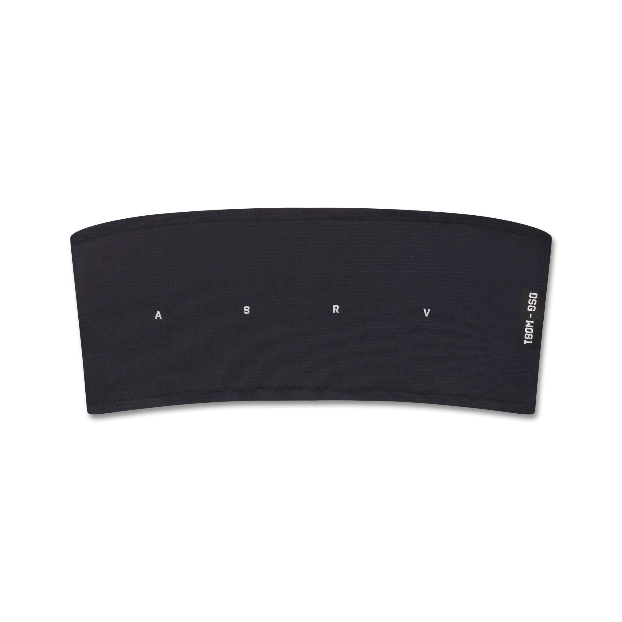 flatlay of W081 Ice-Skin Performance Headband in black, front view showing ASRV branding