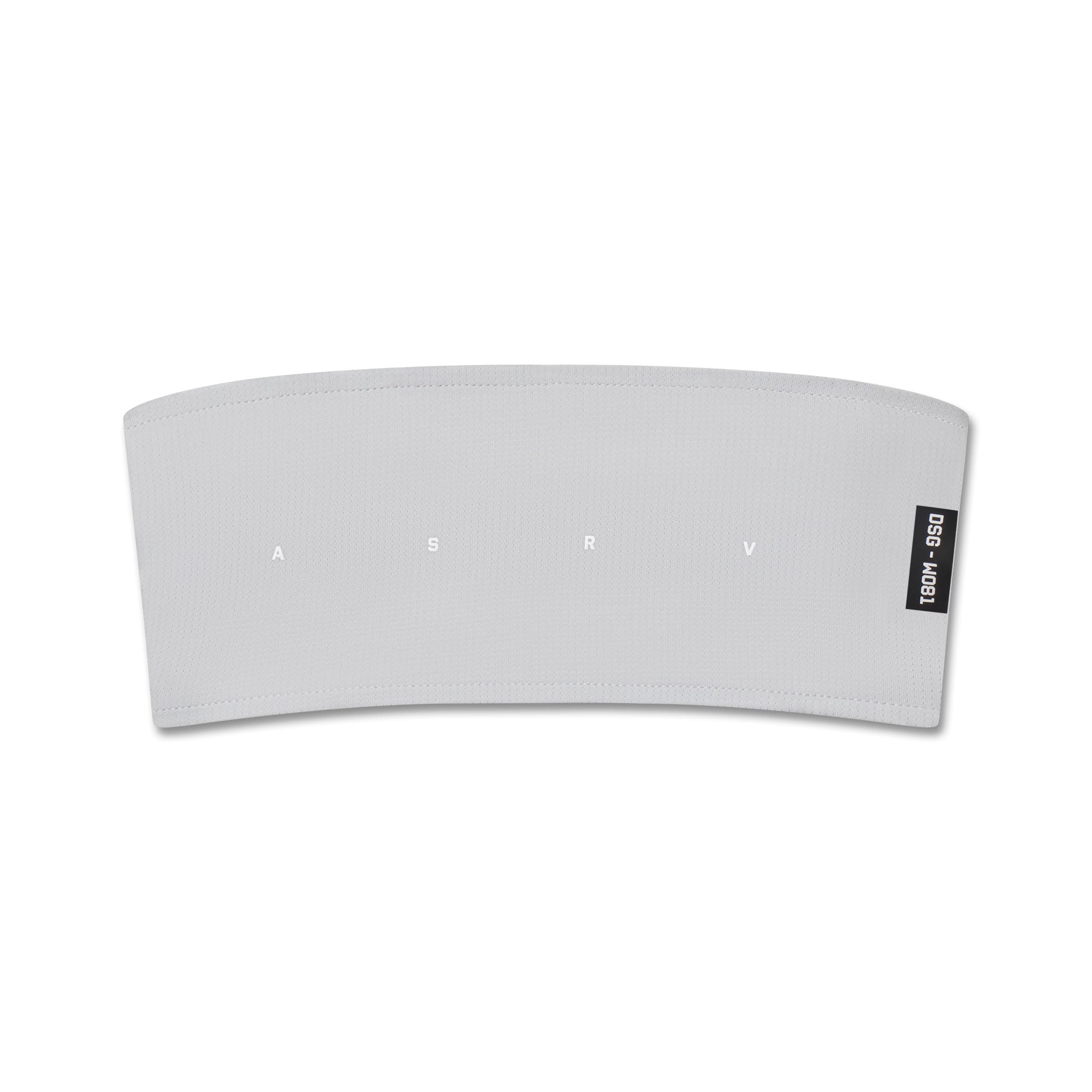 flatlay Ice-Skin Performance Headband in slate grey, front view showing ASRV branding