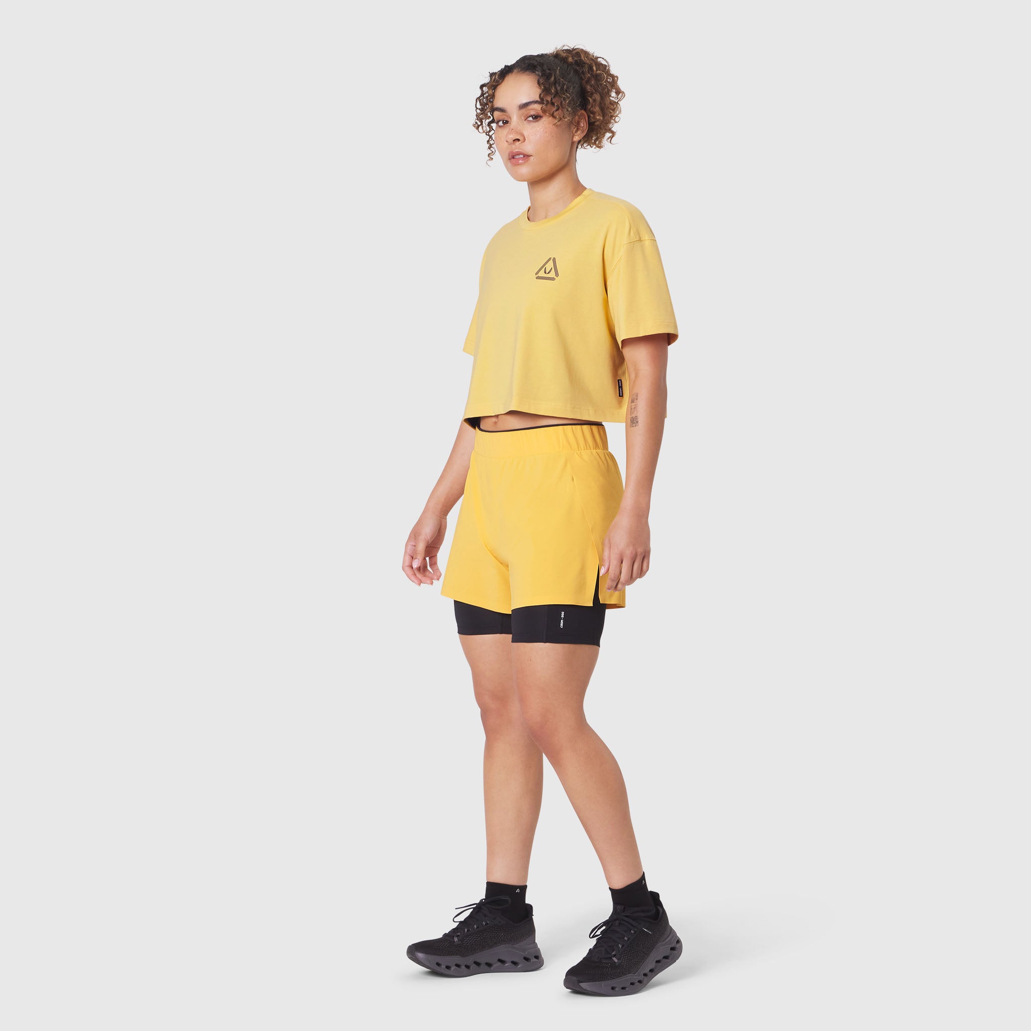 W082 Supima Ice-Skin Reversible Crop Tee in Amber worn with matching shorts, front view