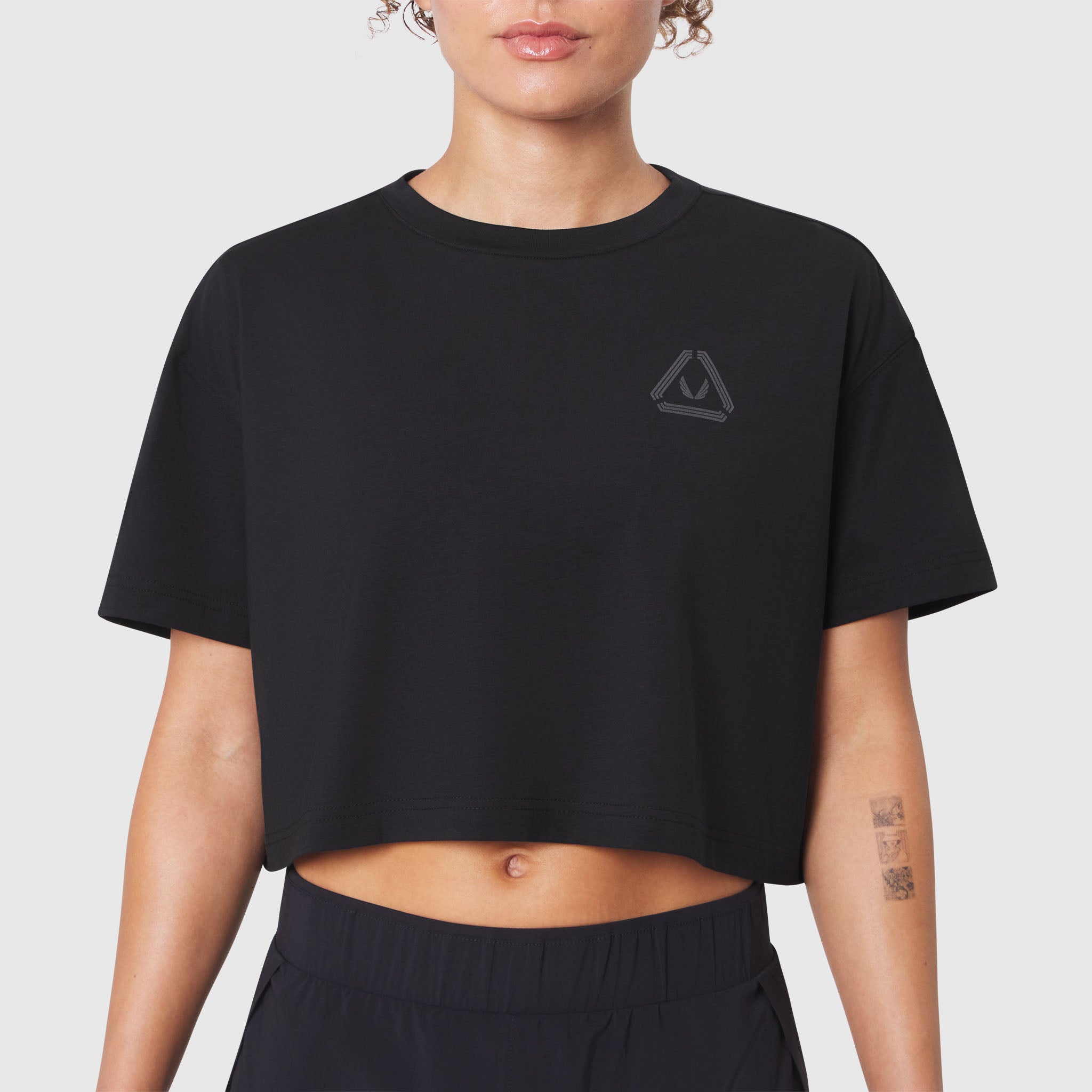 W082 Supima Ice-Skin Reversible Crop Tee in Black worn by model, front view