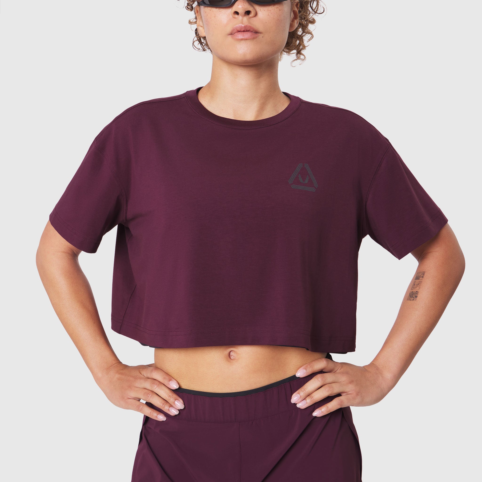 W082 Supima Ice-Skin Reversible Crop Tee in Merlot worn by model, front view