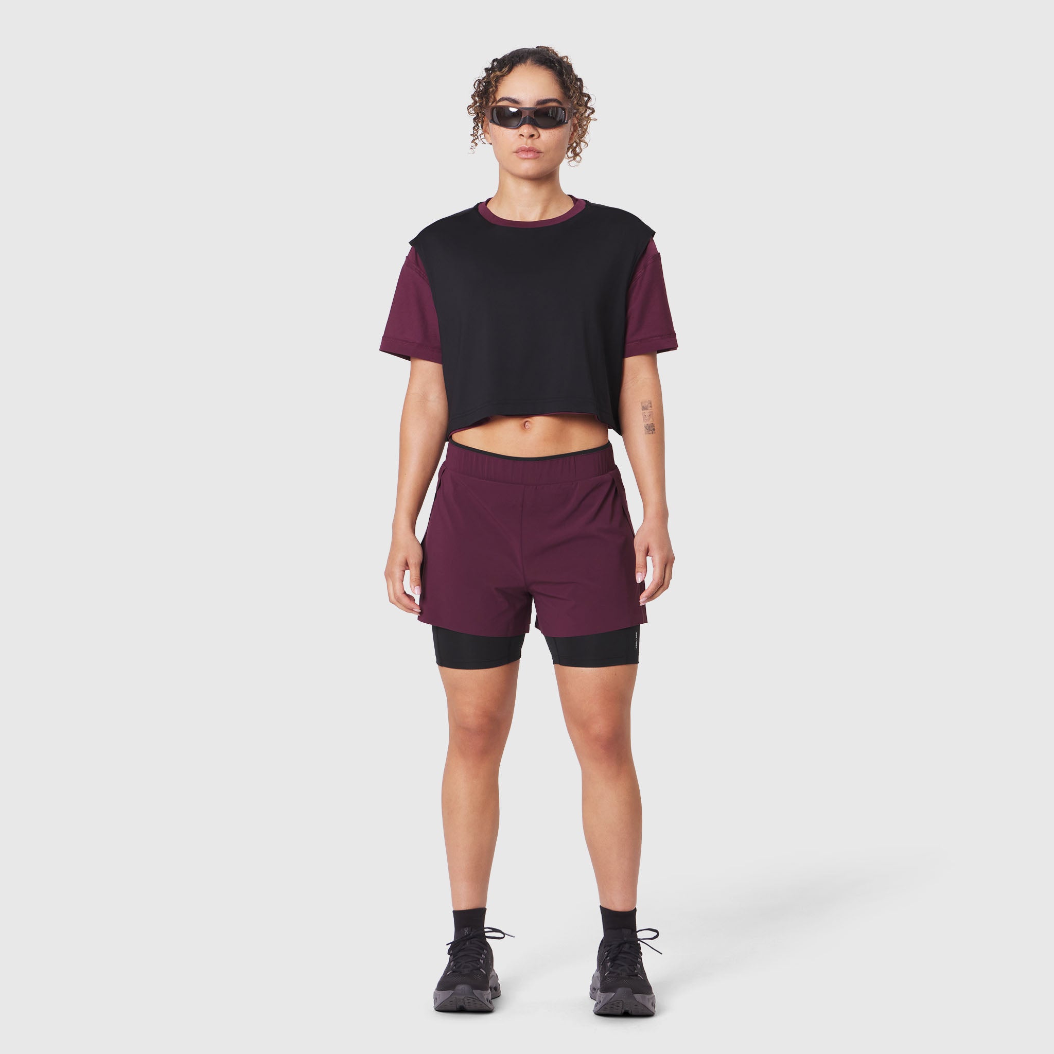 SUPIMA® Ice-Skin™ Reversible Crop Tee in Merlot/Black, front view on model