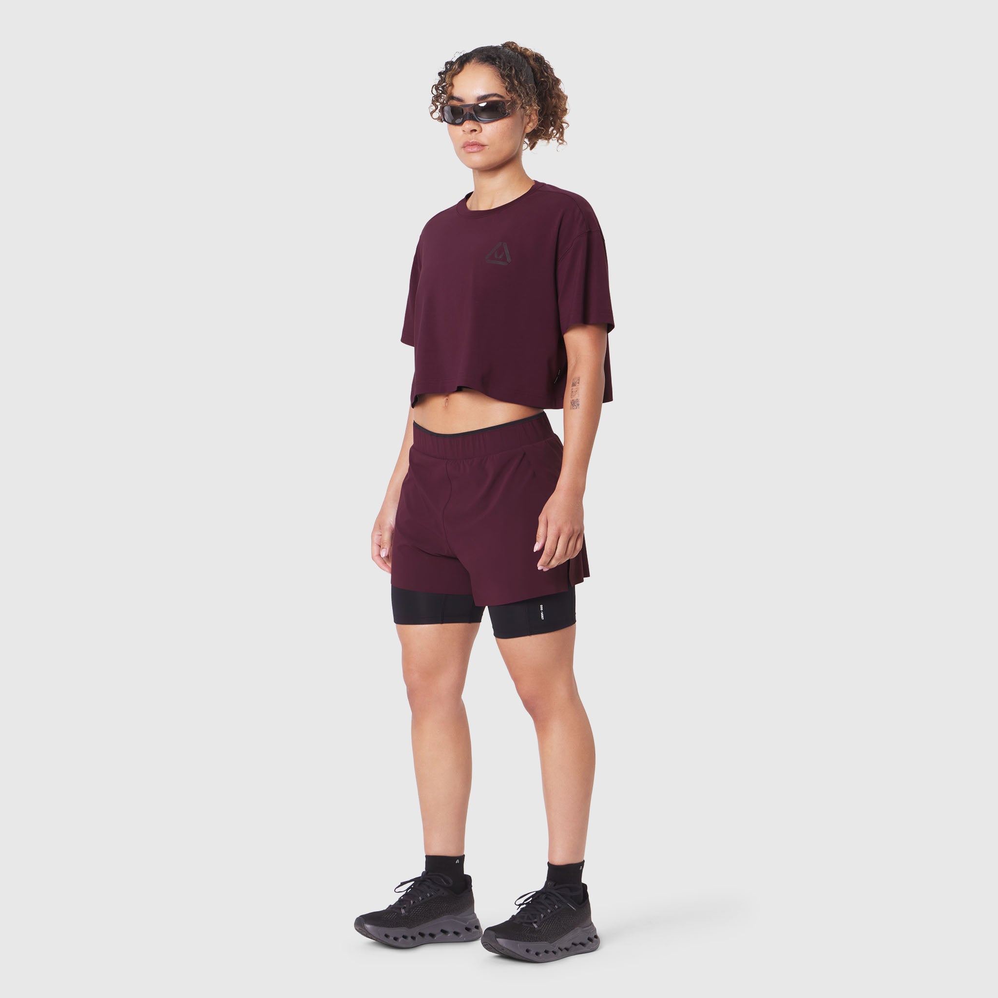 W082 Supima Ice-Skin Reversible Crop Tee in Merlot/Black, worn by model