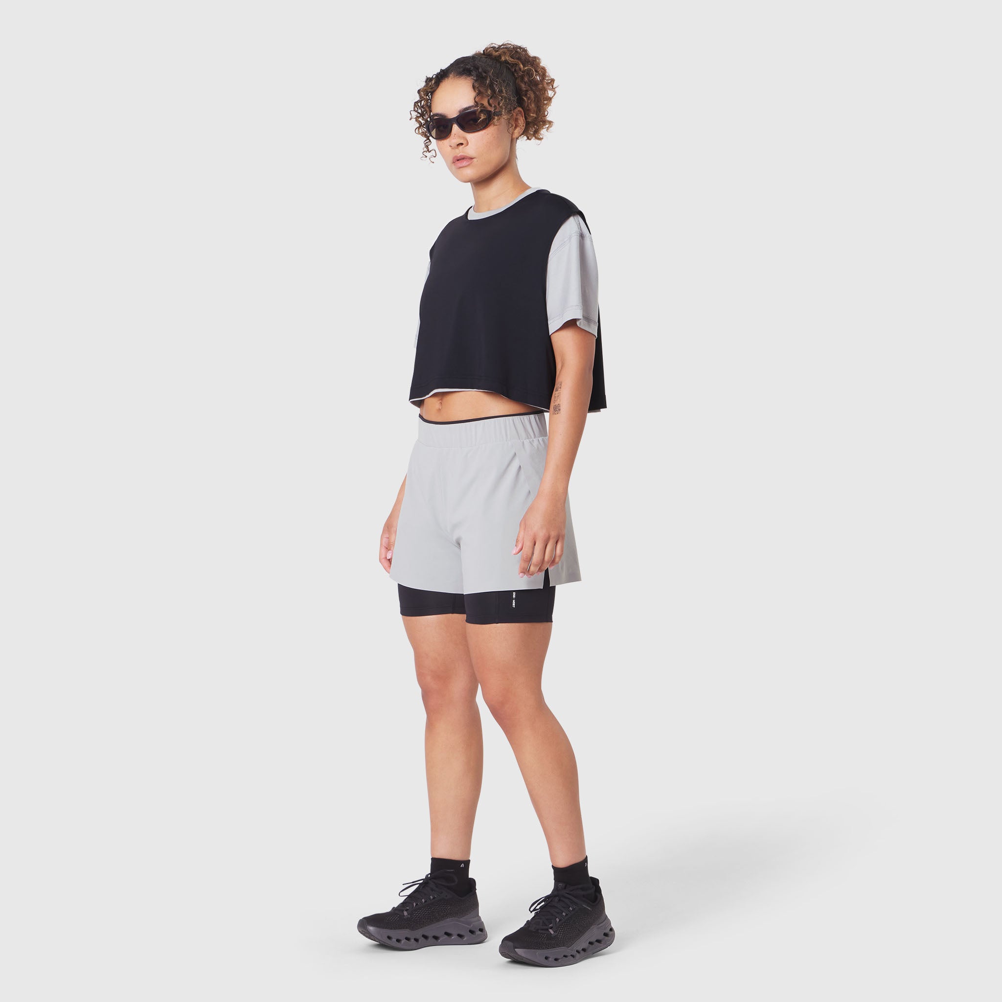 W082 Supima Ice-Skin Reversible Crop Tee in Slate Grey and Black, worn by model, front view