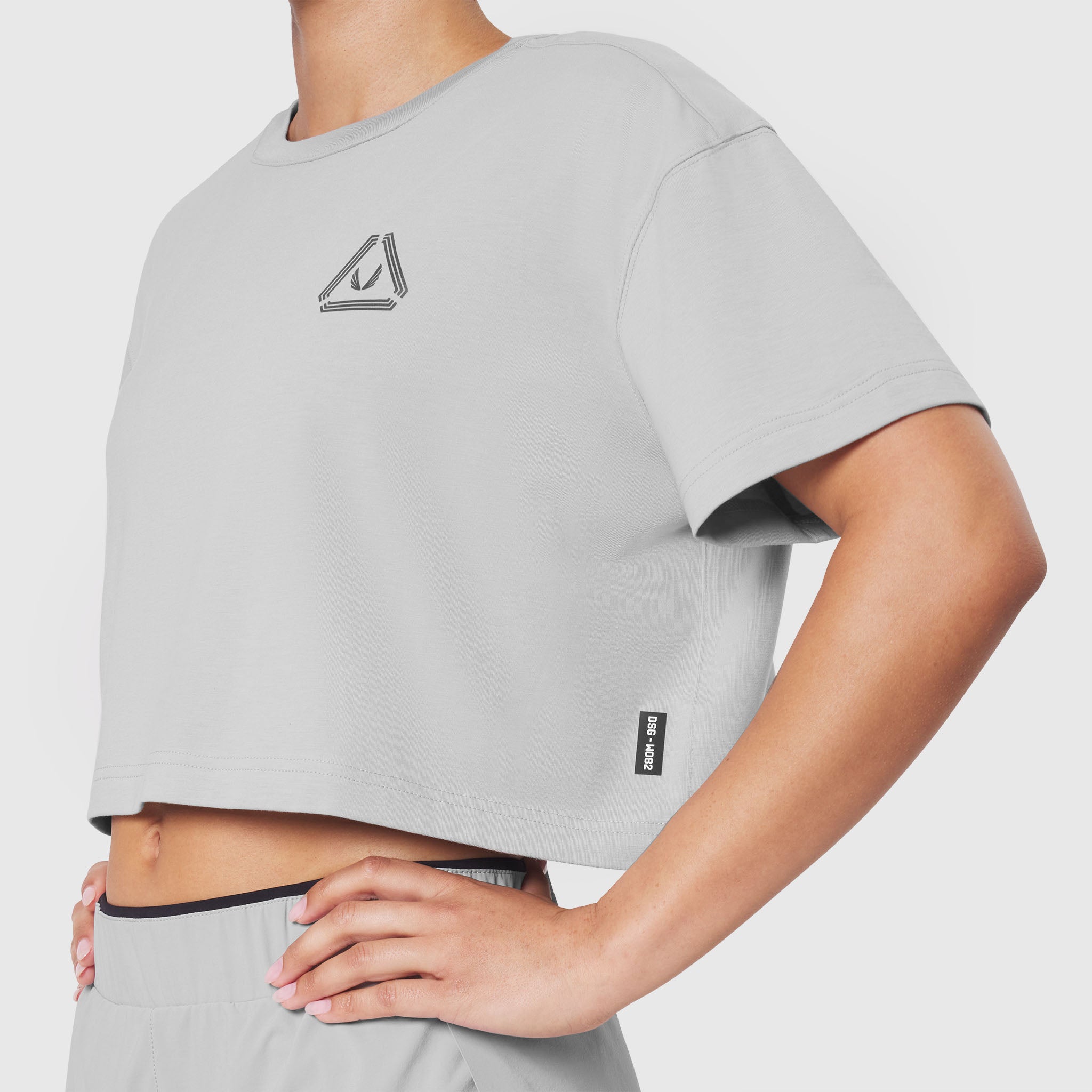 W082 Supima Ice-Skin Reversible Crop Tee in Slate Grey worn by model, front view