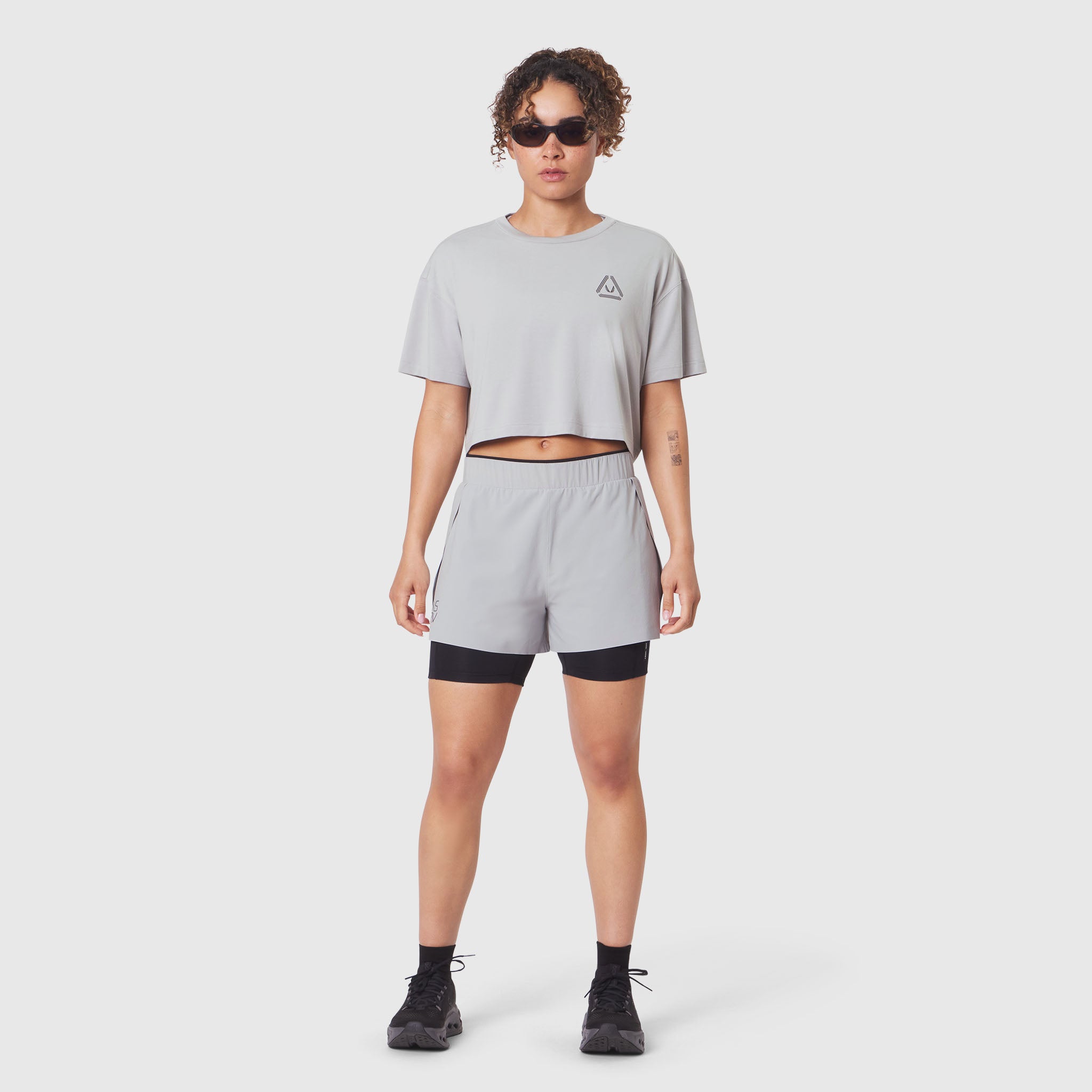 W082 Supima Ice-Skin Reversible Crop Tee in Slate Grey worn by model, front view