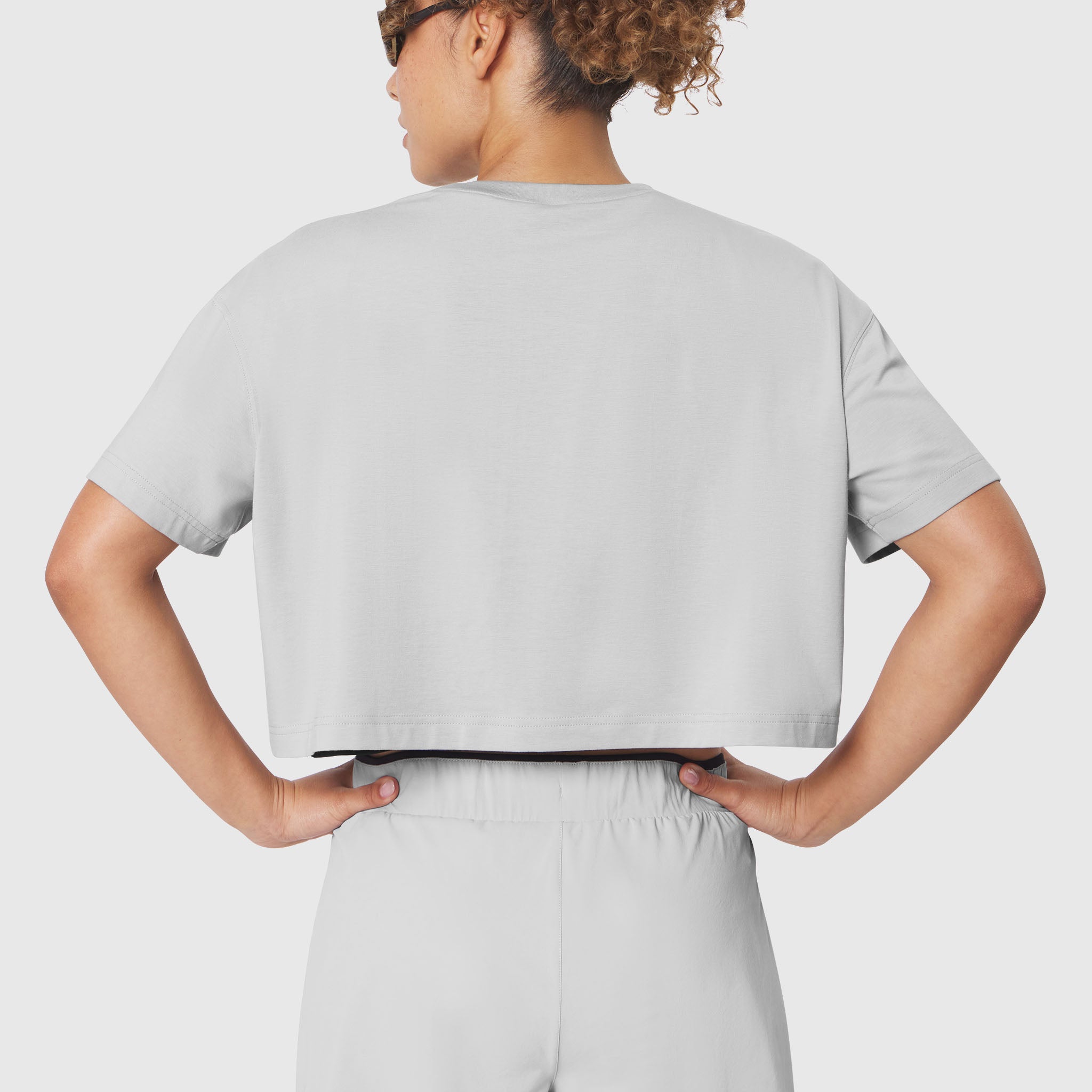 W082 Supima Ice-Skin Reversible Crop Tee in Slate Grey/Black, back view on model