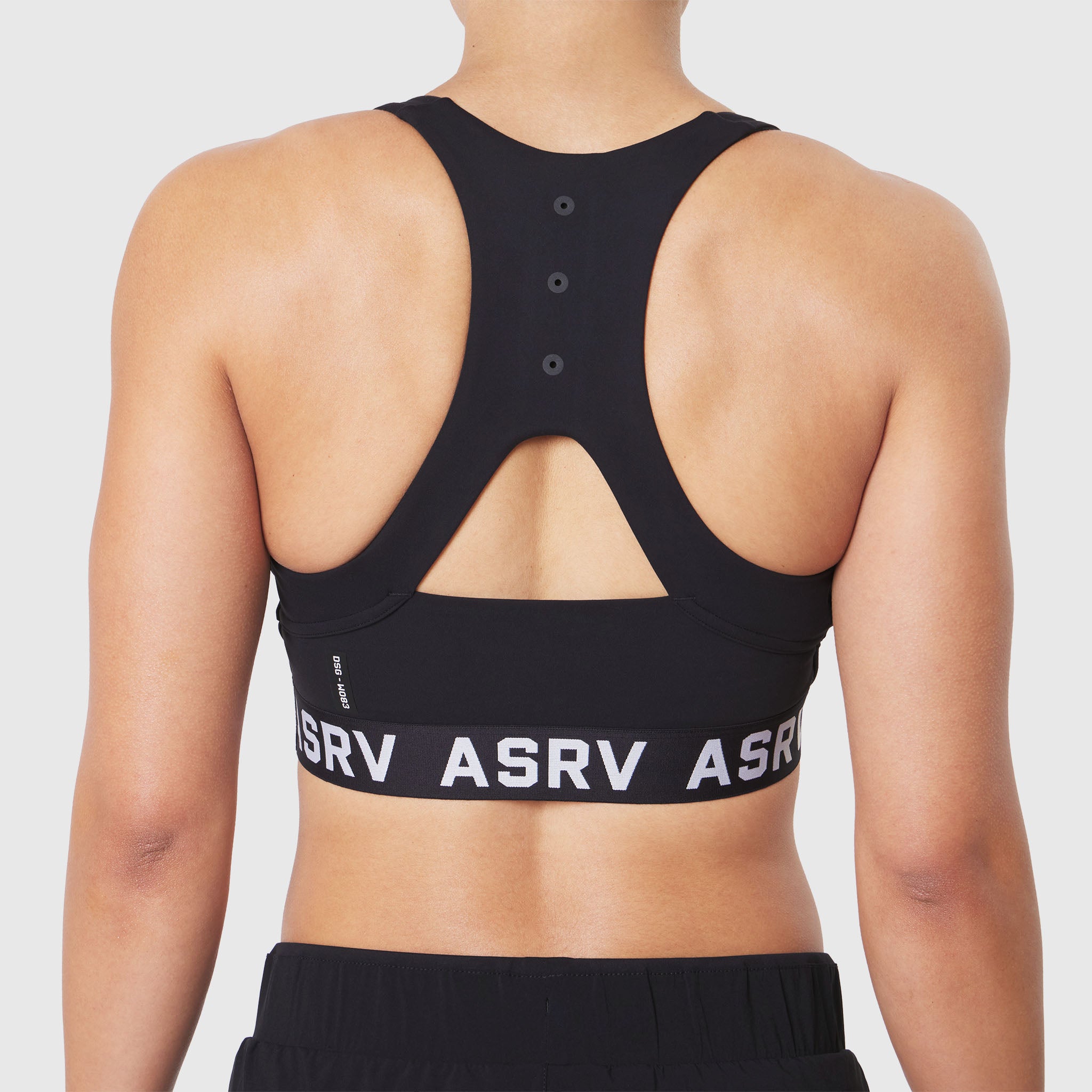 W083 LYCRA® ADAPTIV Racerback Sports Bra in black, back view on model