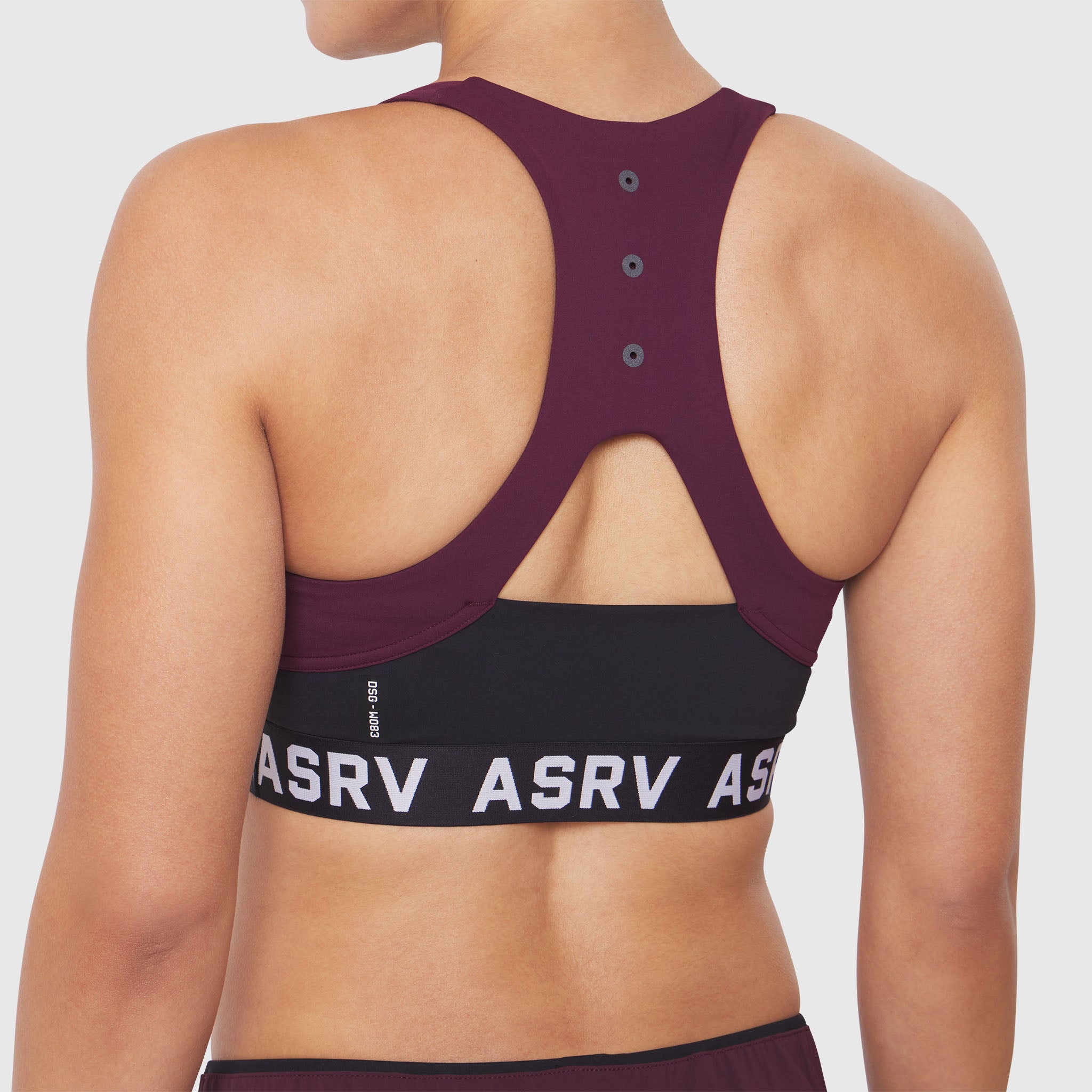 W083 LYCRA® ADAPTIV Racerback Sports Bra in Merlot, back view on model