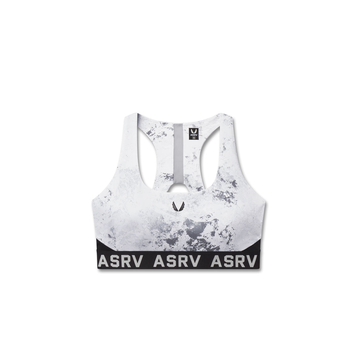 Flatlay LYCRA® ADAPTIV Racerback Sports Bra in Sedona Snow Camo, front view