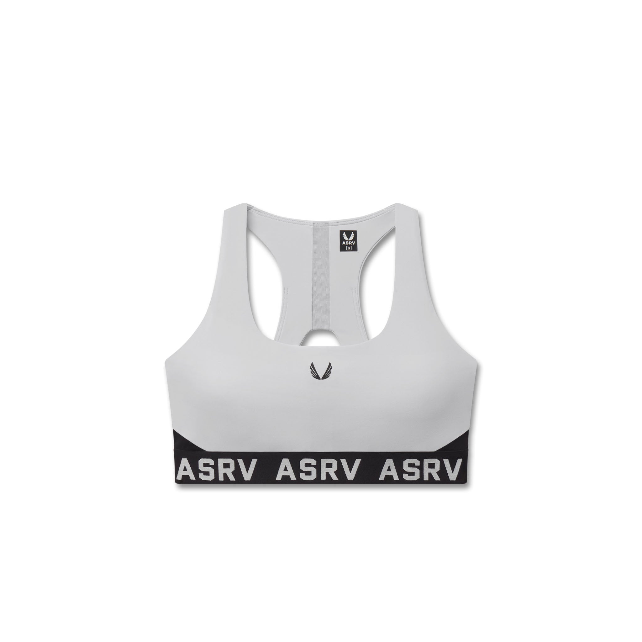Flatlay W083 LYCRA® ADAPTIV Racerback Sports Bra in slate grey, front view