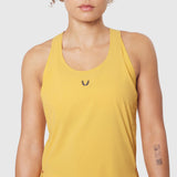 Aerotex™ Perforated Run Tank in Amber, modeled on woman, front view