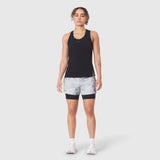 Aerotex™ Perforated Run Tank in black with patterned shorts, front view