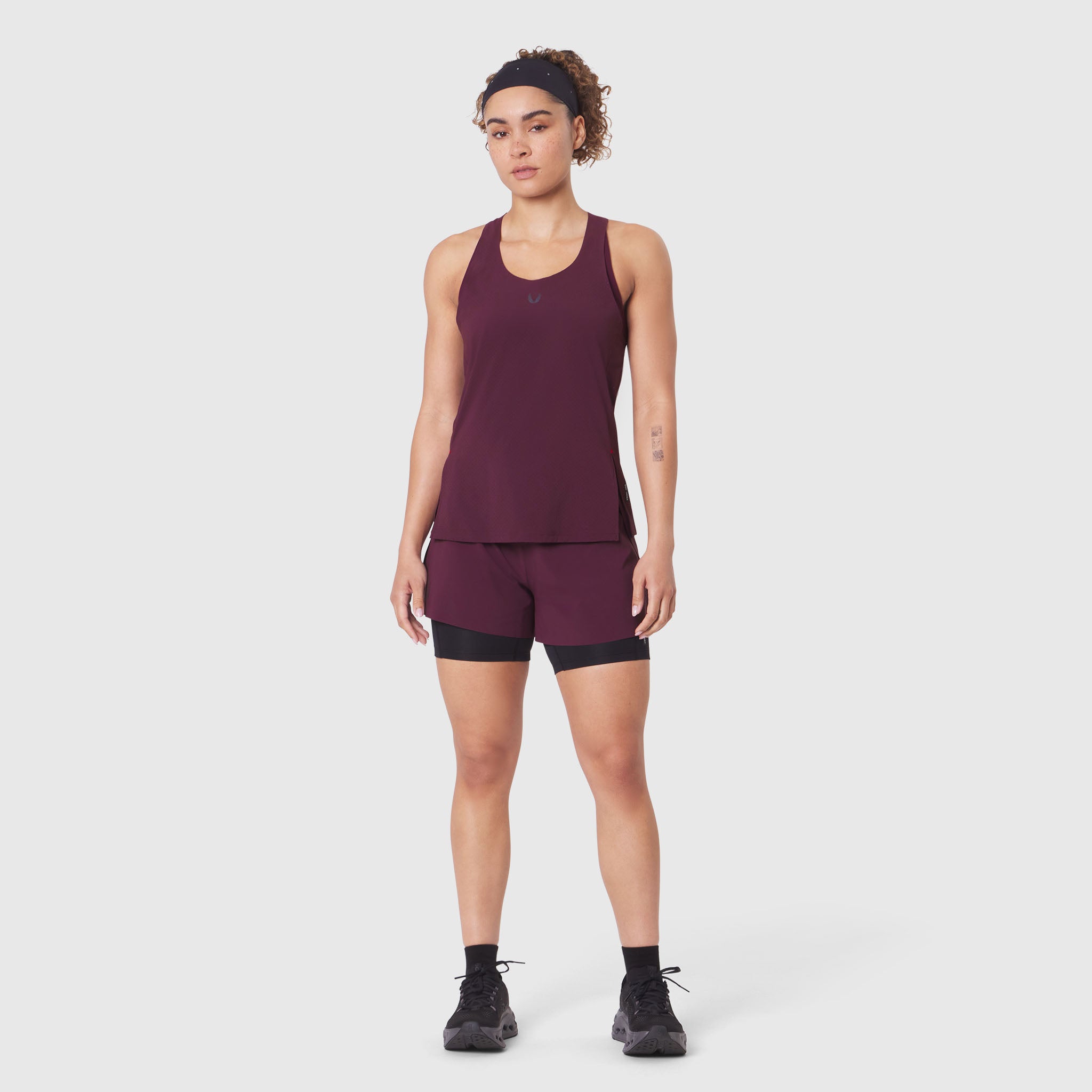 Aerotex™ Perforated Run Tank in Merlot, front view on model