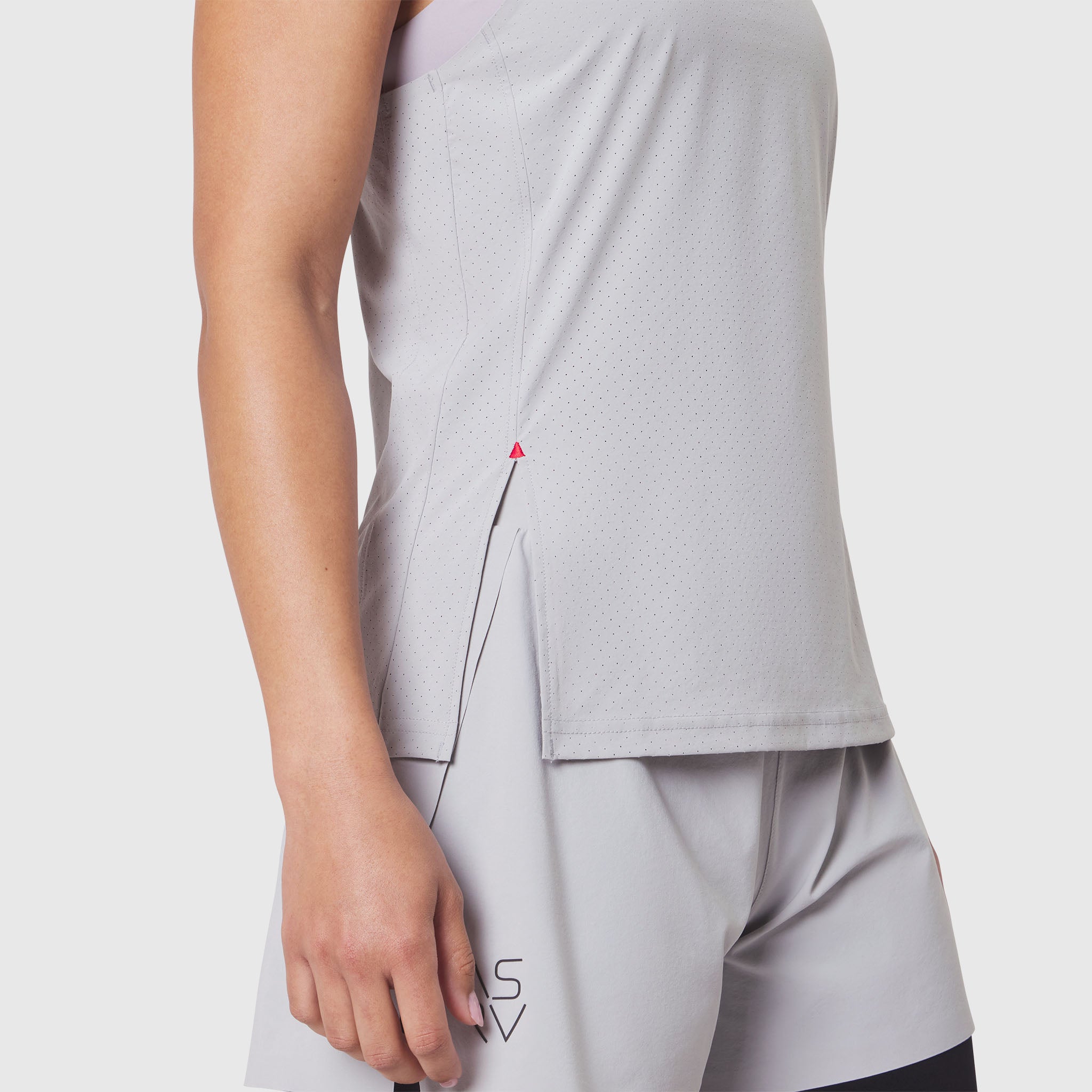Aerotex Perforated Run Tank in Slate Grey, side view on model