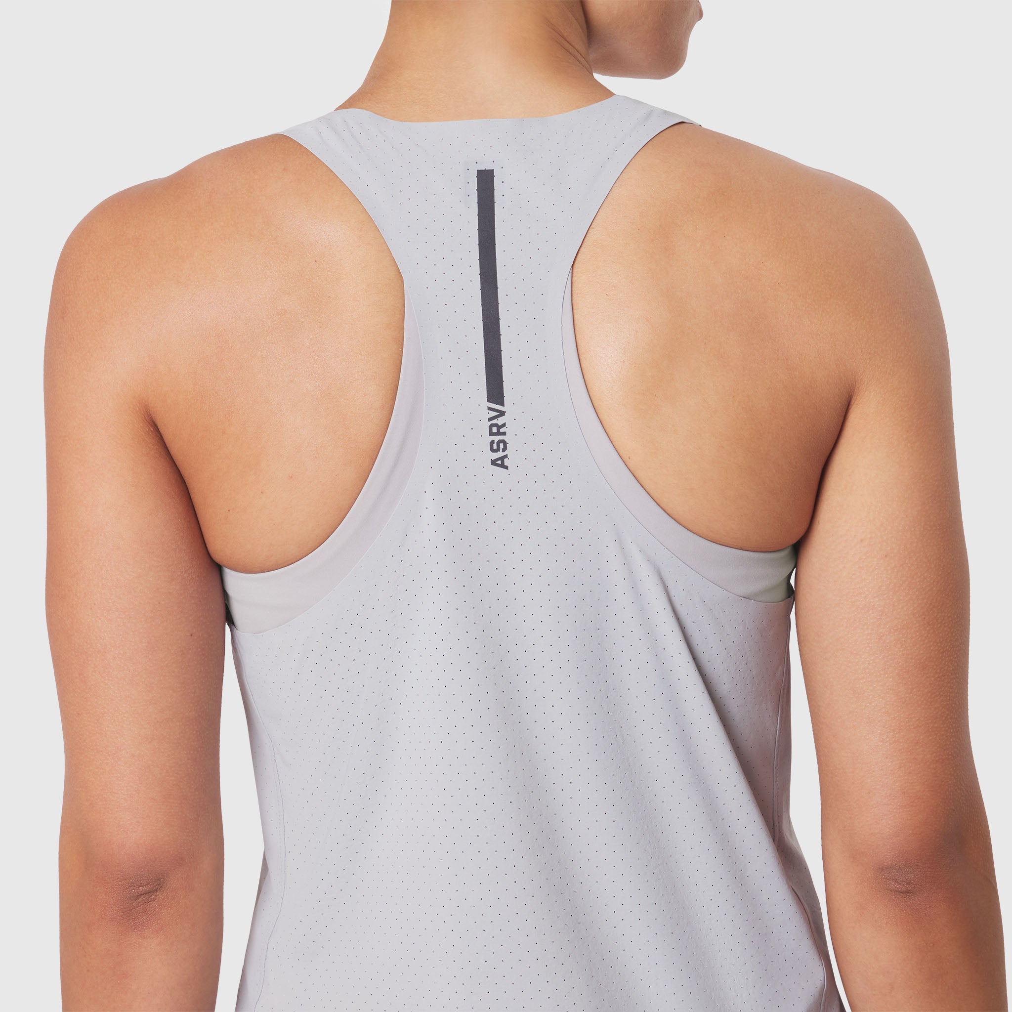 Aerotex Perforated Run Tank in Slate Grey, back view on model