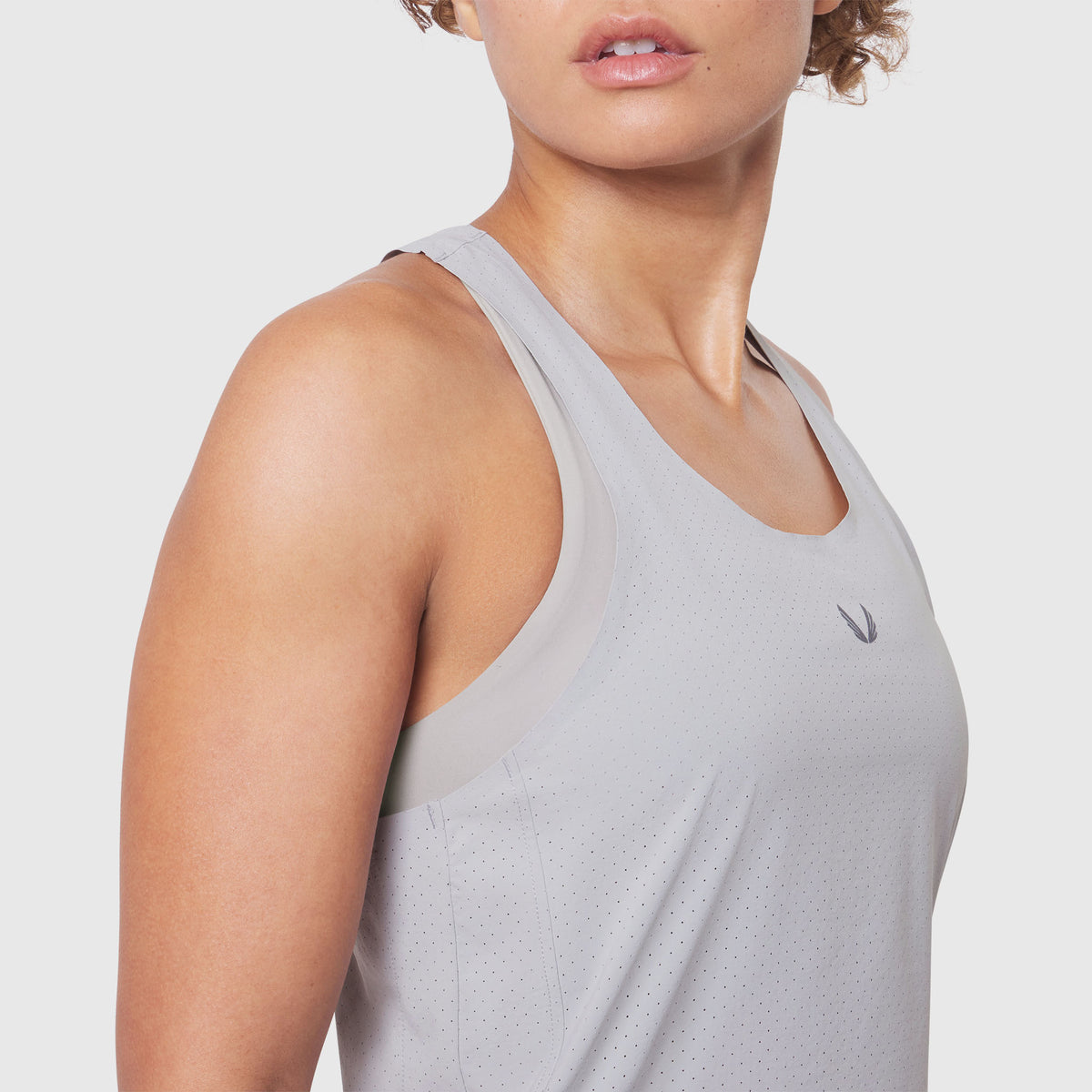 Aerotex Perforated Run Tank in Slate Grey, side view on model
