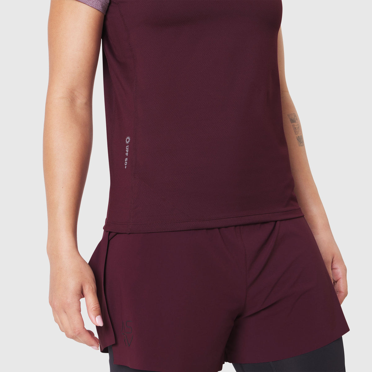 AEROSILVER® UPF50+ Run Tee in Merlot, worn by model, front view