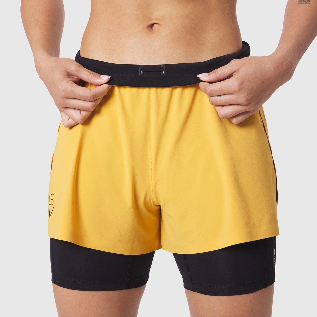 W087 Aerotex™ Side Split Liner Short in Amber, front view on model