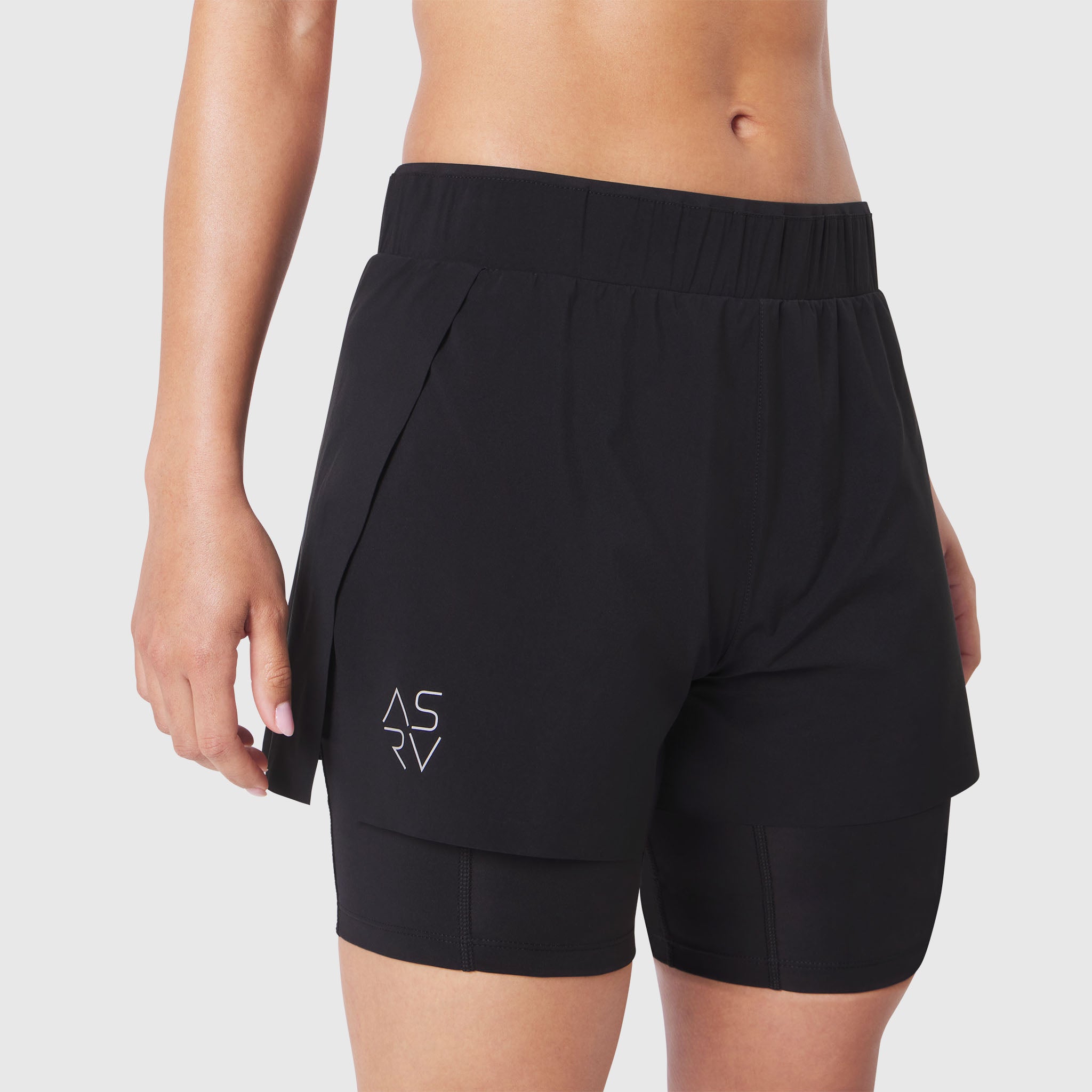 W087 Aerotex Side Split Liner Short in Black, worn by model, side view