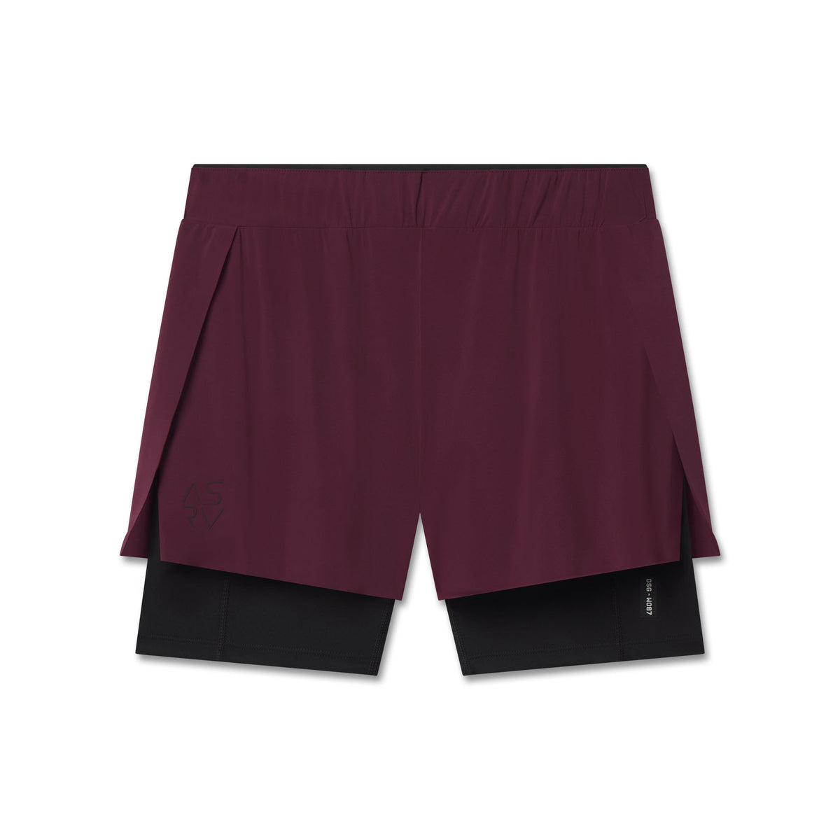 Flatlay W087 Aerotex Side Split Liner Short in Merlot and Black, front view