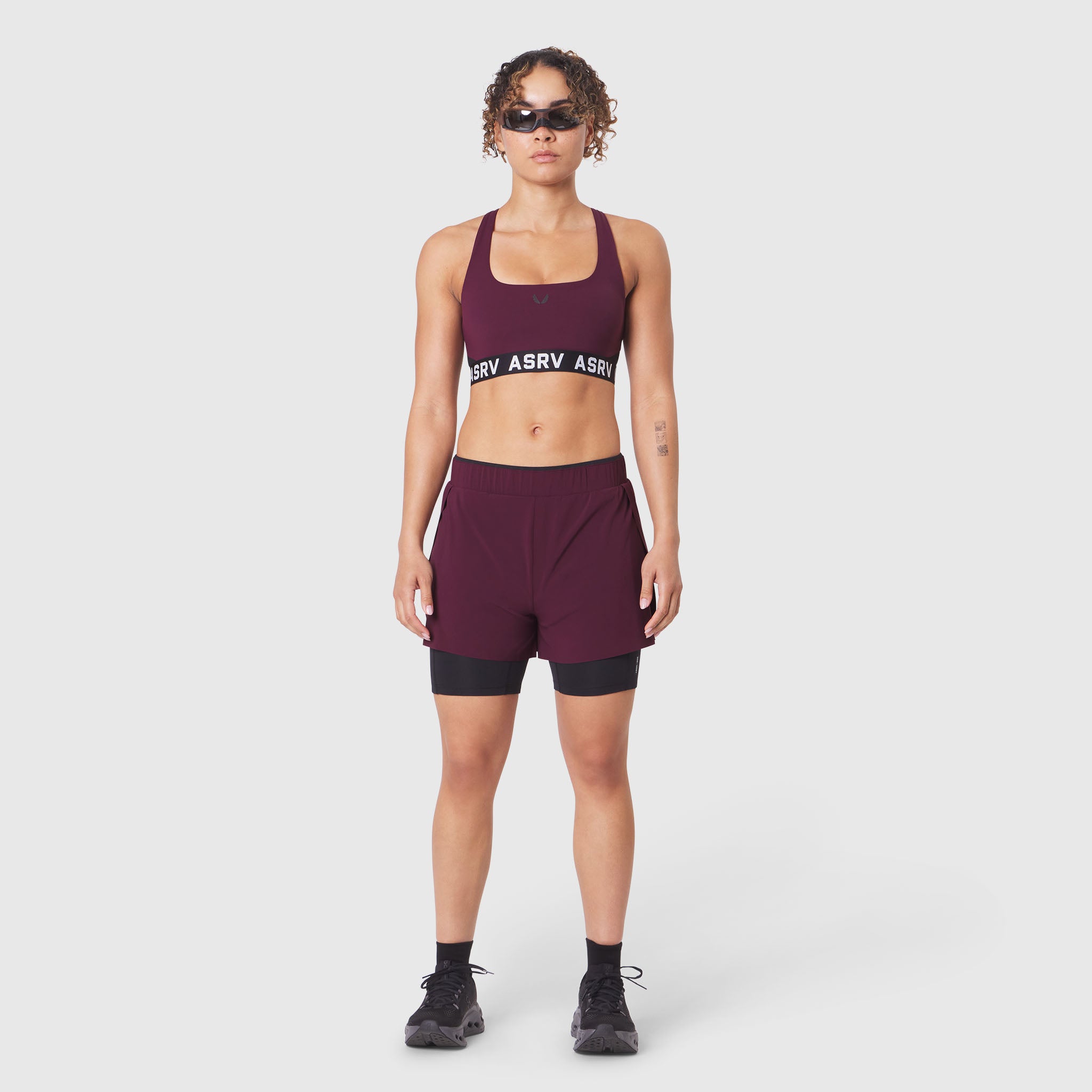 W087 Aerotex Side Split Liner Short in Merlot, front view on model