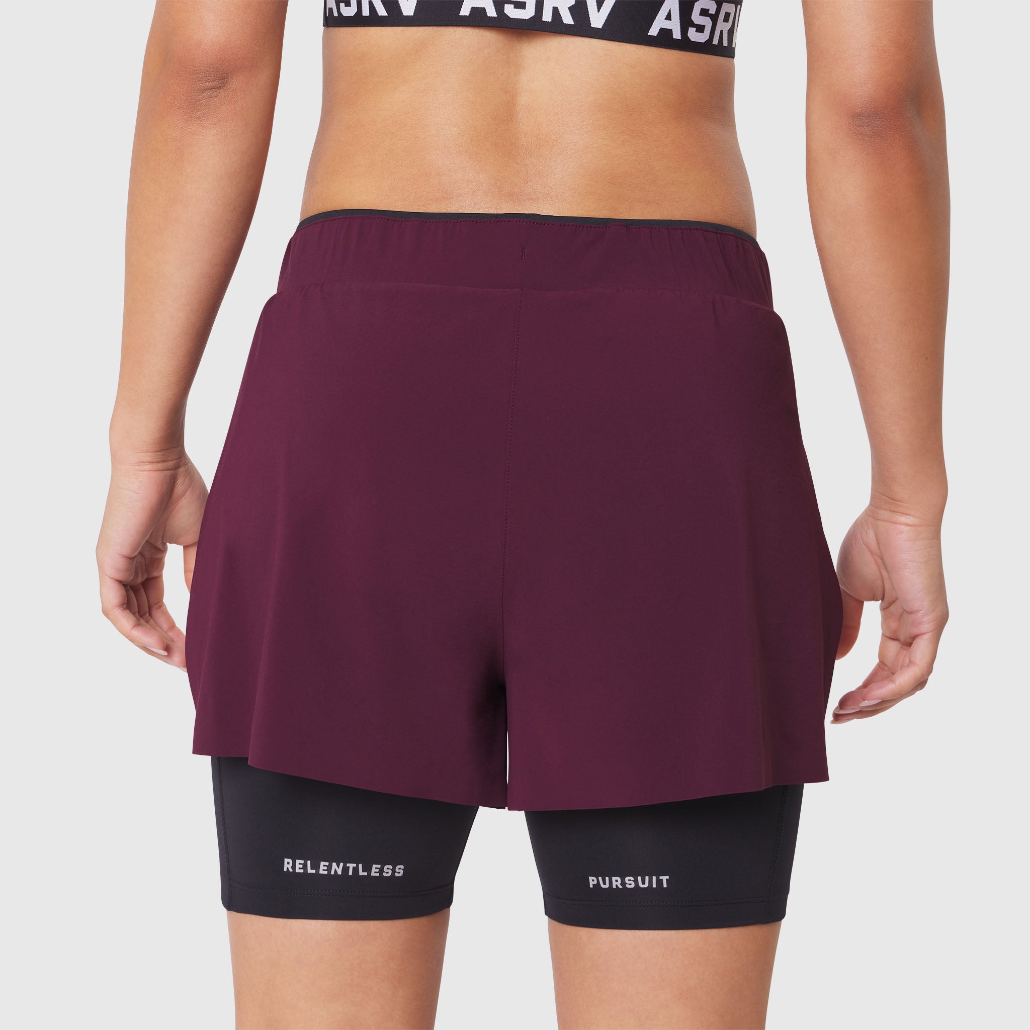 W087 Aerotex Side Split Liner Short in Merlot, back view on model