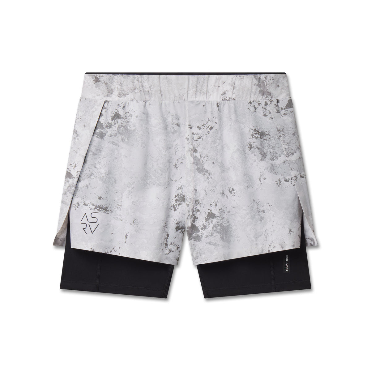 Flatlay W087 Aerotex Side Split Liner Short in Sedona Snow Camo, front view