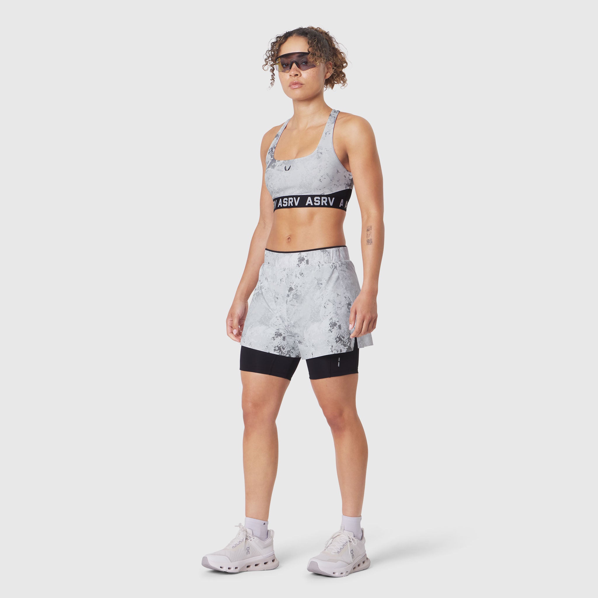 W087 Aerotex Side Split Liner Short in Sedona Snow Camo, worn by model, front view