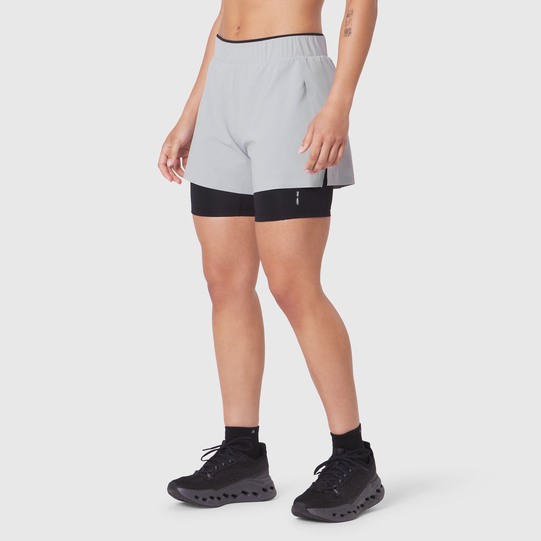 W087 Aerotex Side Split Liner Short in Slate Grey, front view on model