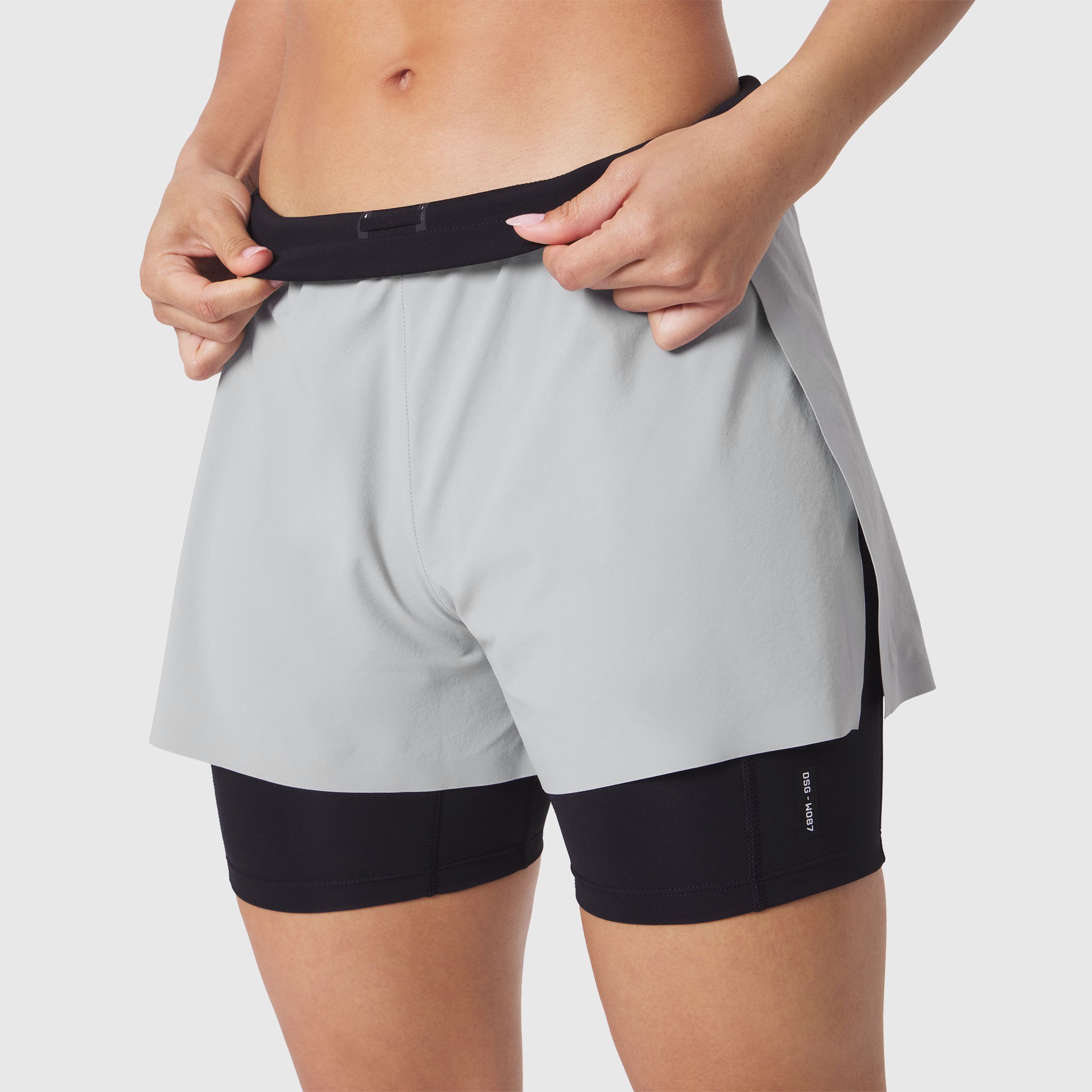 W087 Aerotex Side Split Liner Short in Slate Grey, front view on model