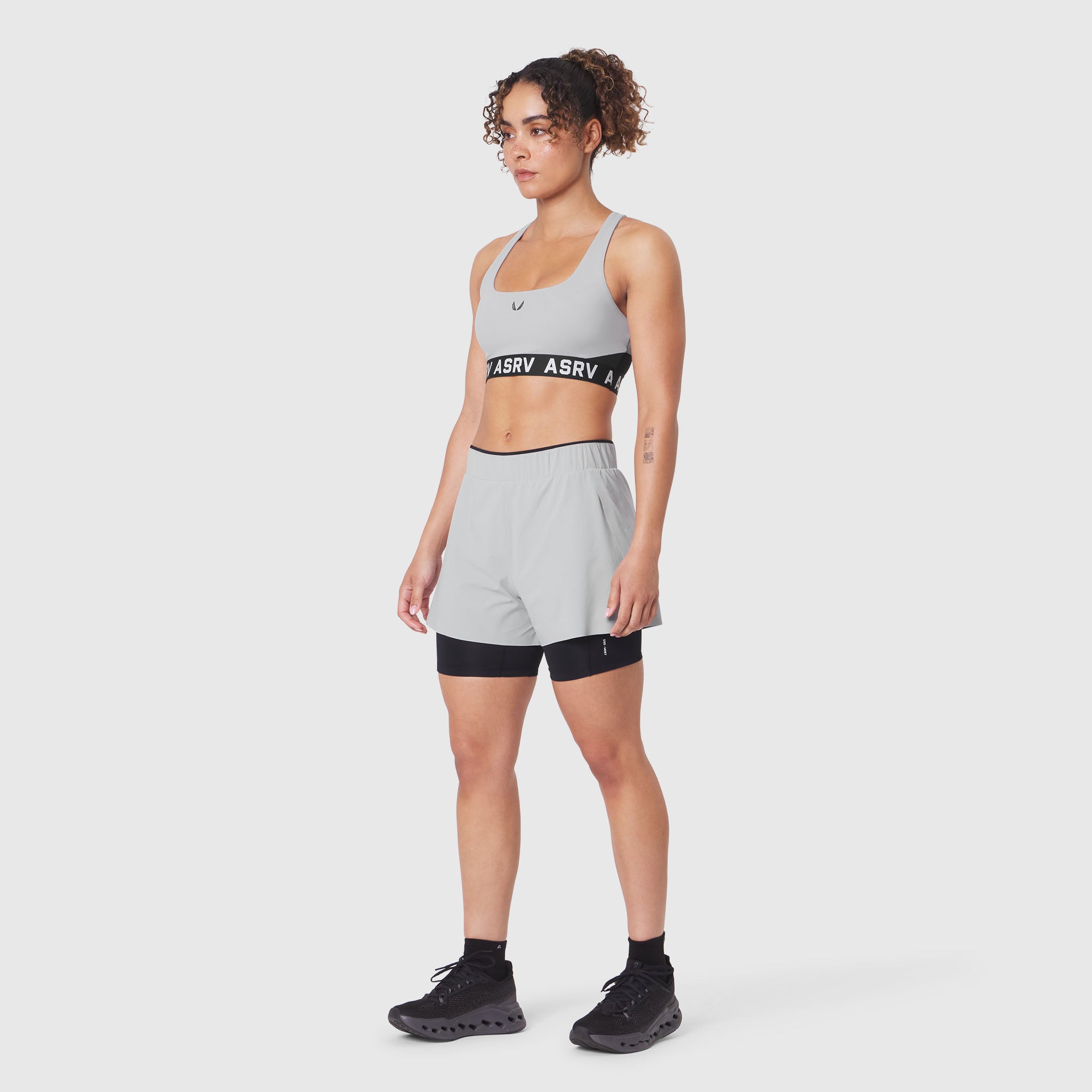 W087 Aerotex Side Split Liner Short in Slate Grey, worn by model, front view