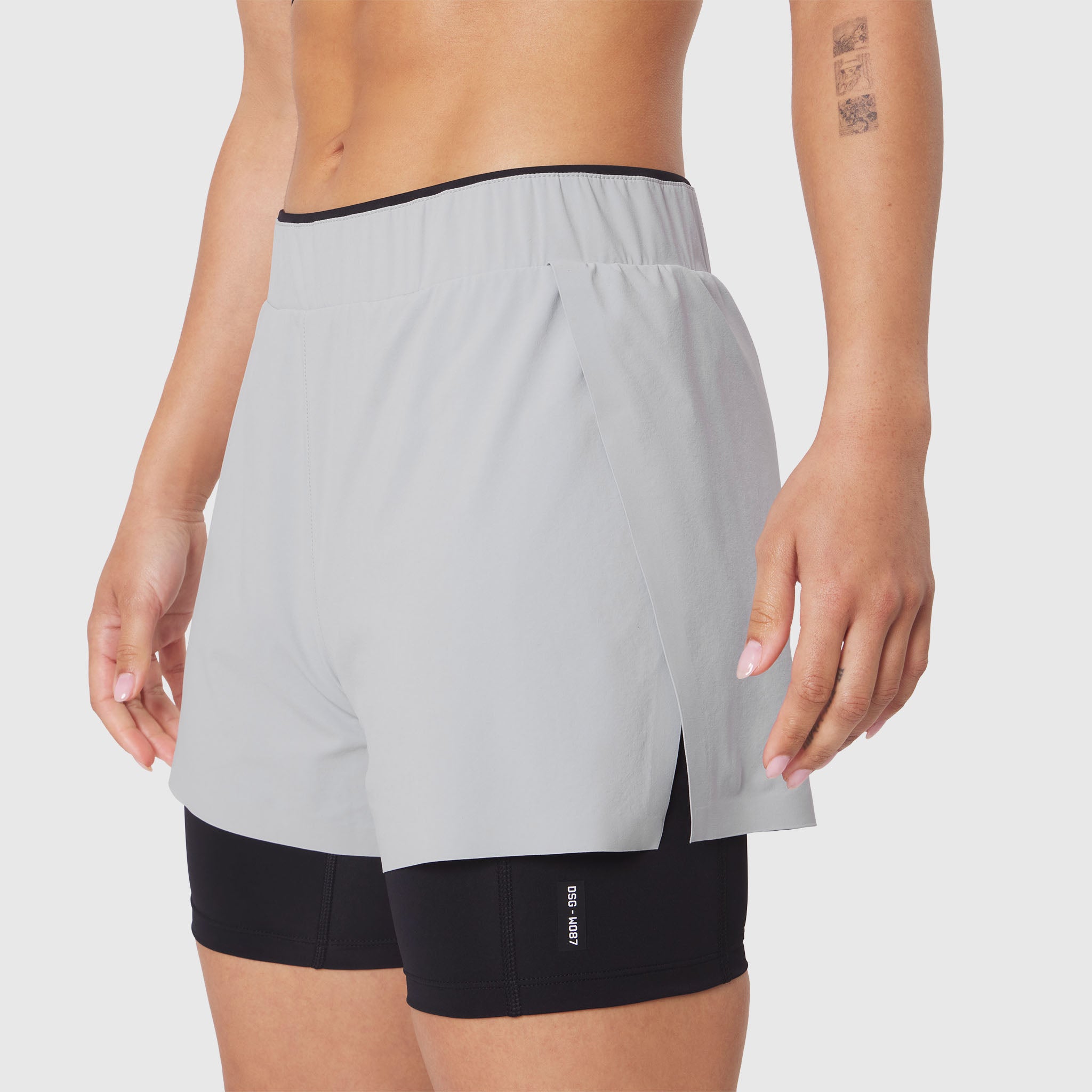 W087 Aerotex Side Split Liner Short in Slate Grey, worn by model, front view