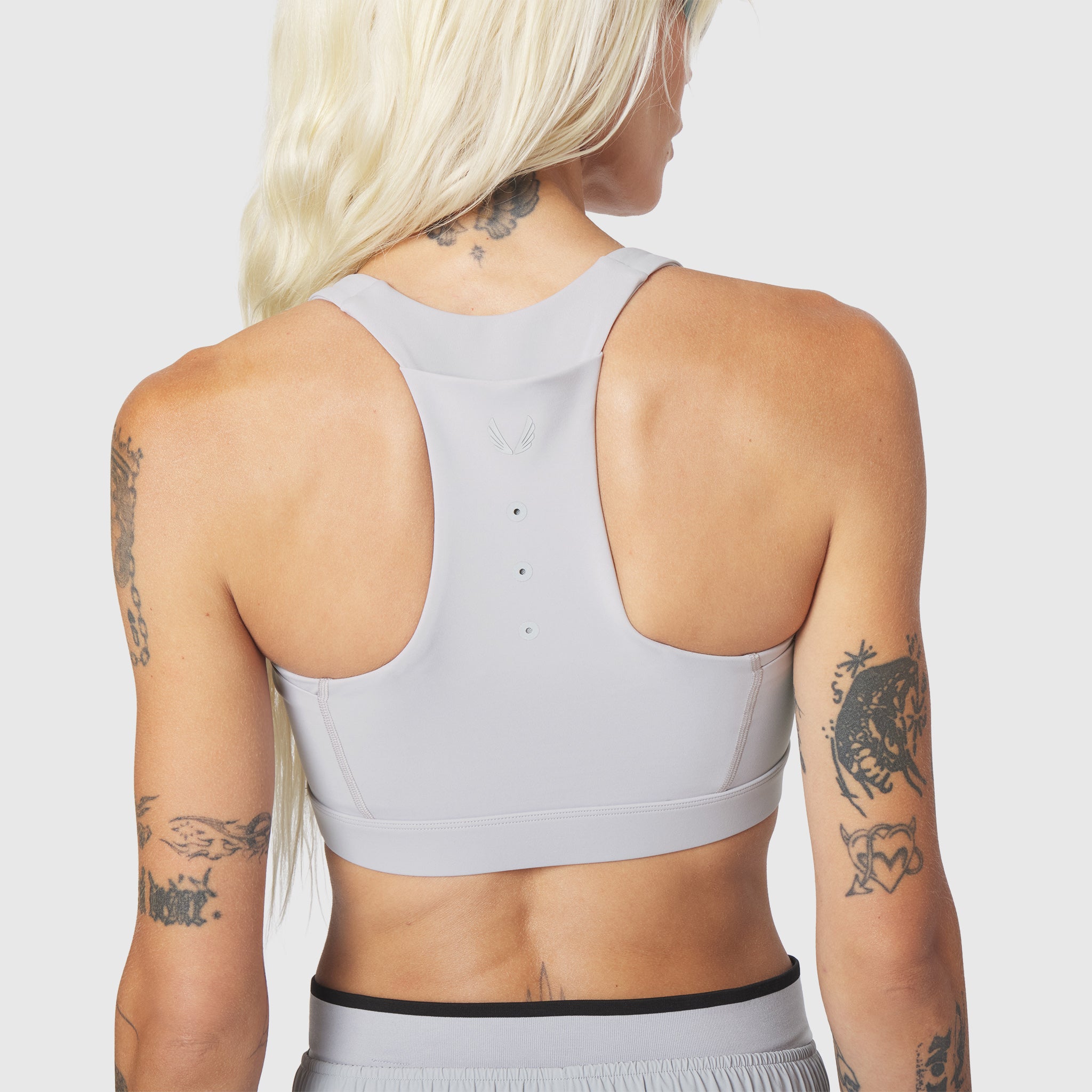 W096 LYCRA® ADAPTIV Racerback Sports Bra in Slate Grey, back view on model
