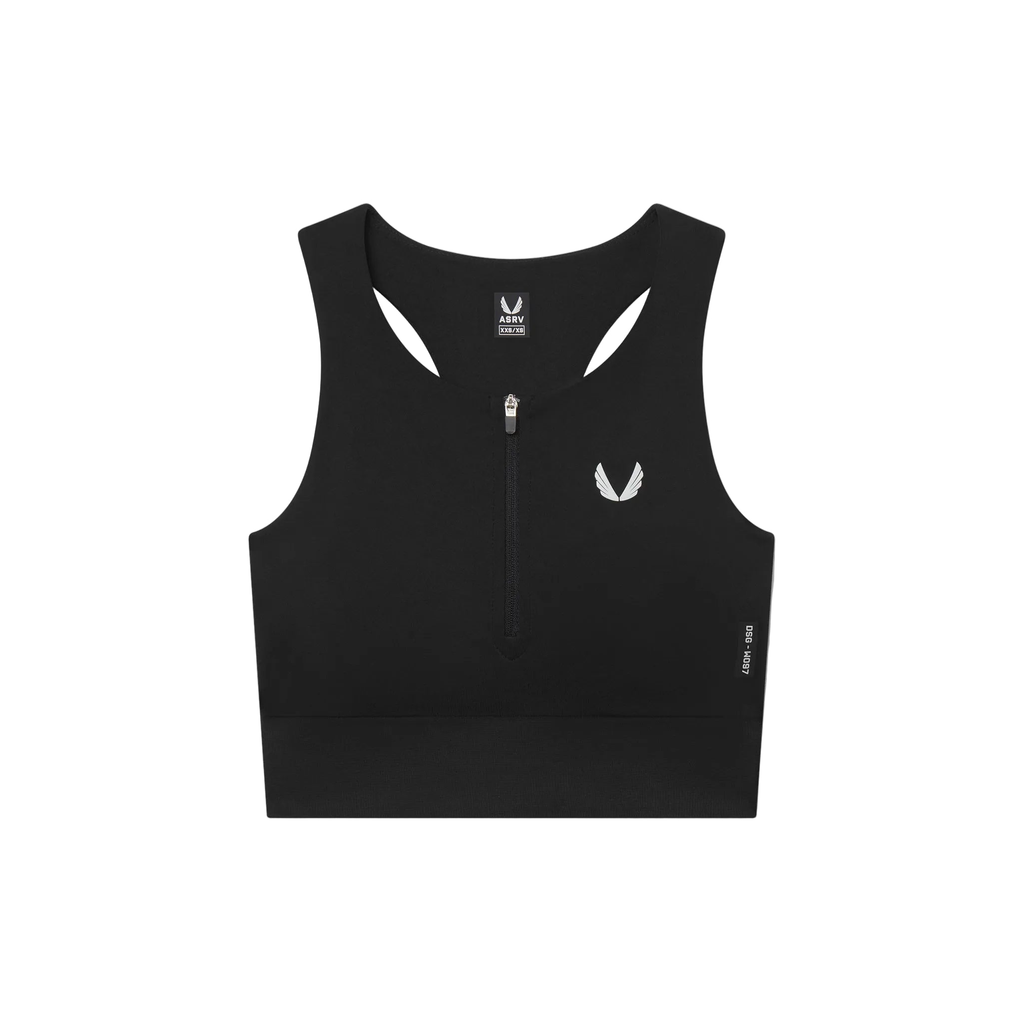 Flatlay LYCRA® ADAPTIV Seamless Zip Bra in black, front view