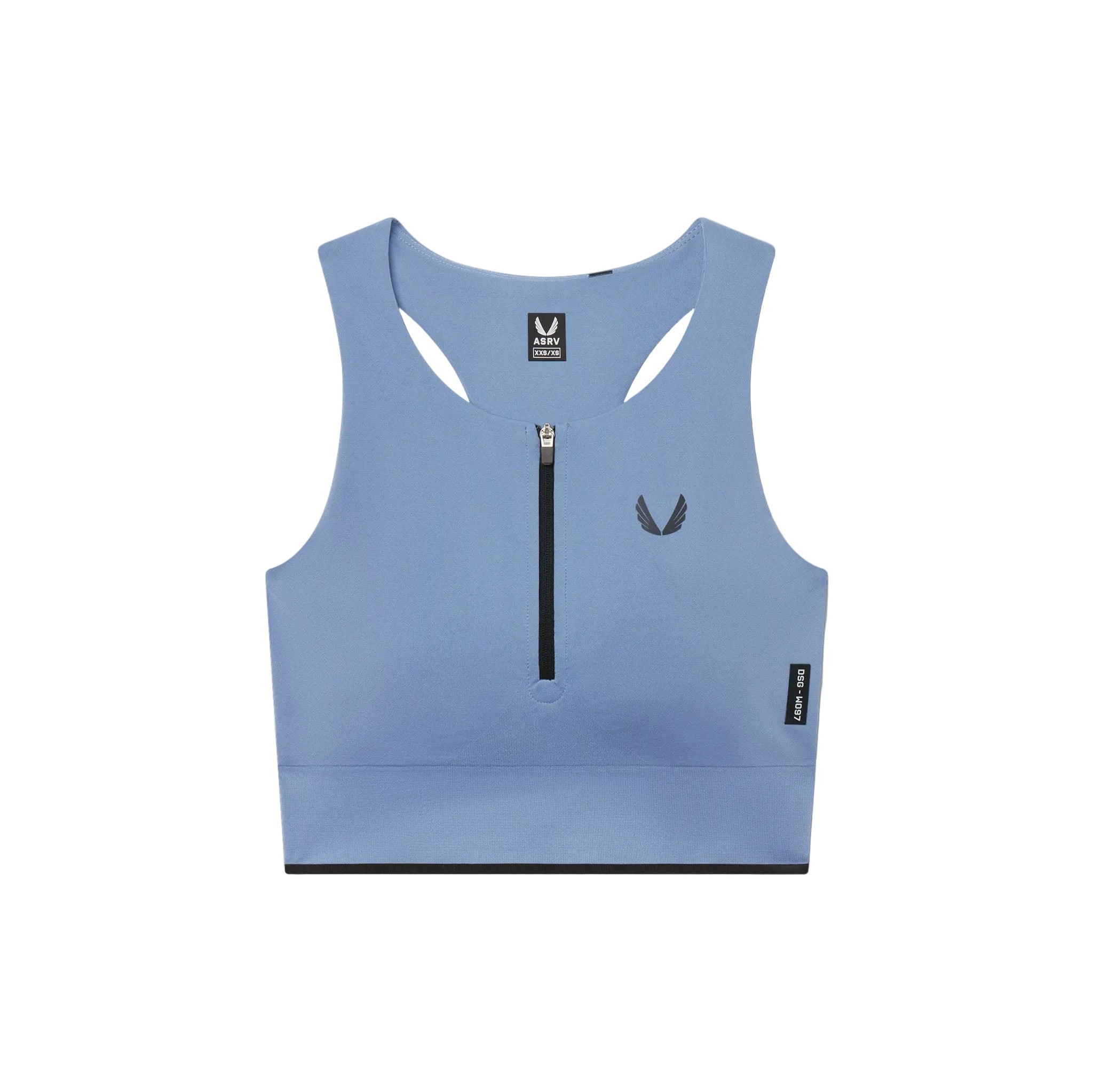 Flatlay W097 LYCRA® ADAPTIV Seamless Zip Bra in Slate Blue, front view