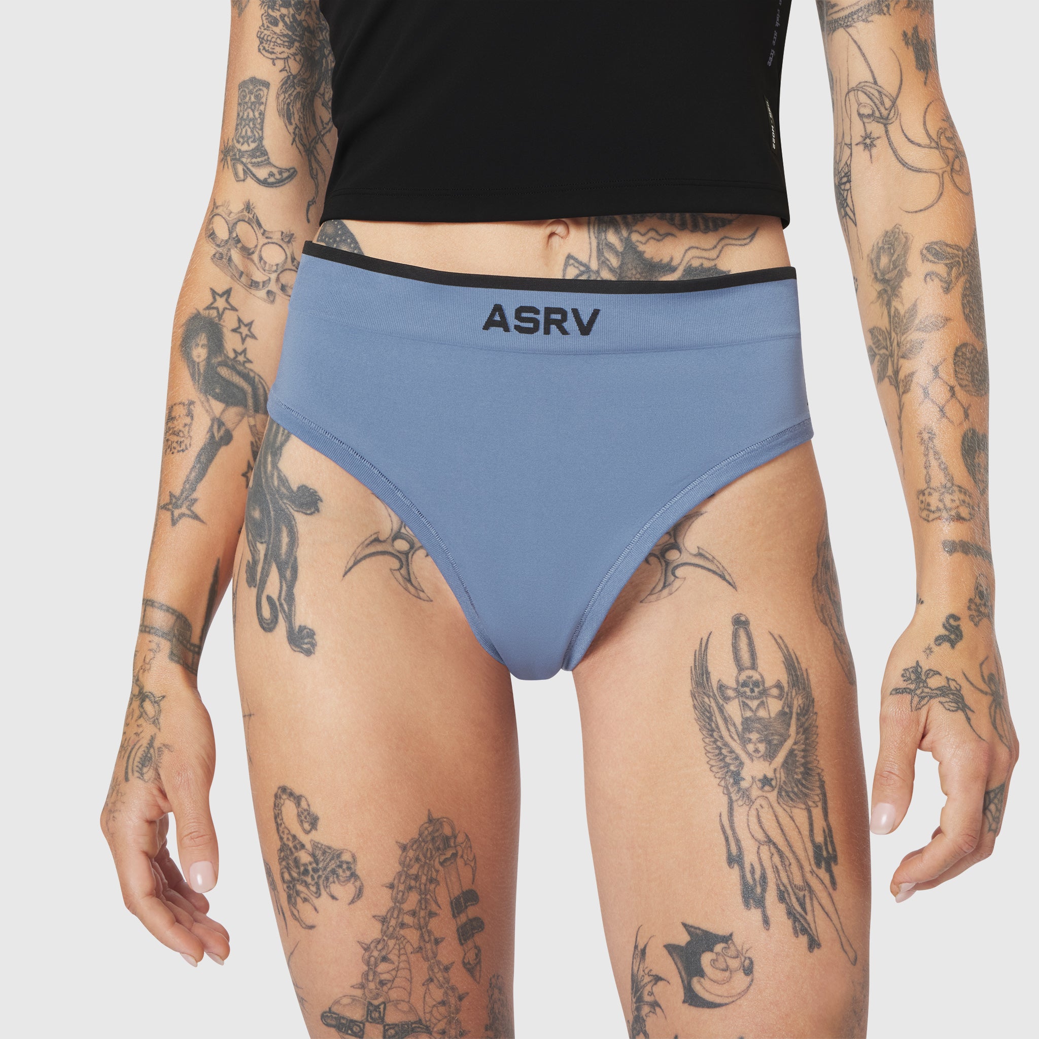 ASRV W098 LYCRA® ADAPTIV Seamless Underwear in Slate Blue, worn on model