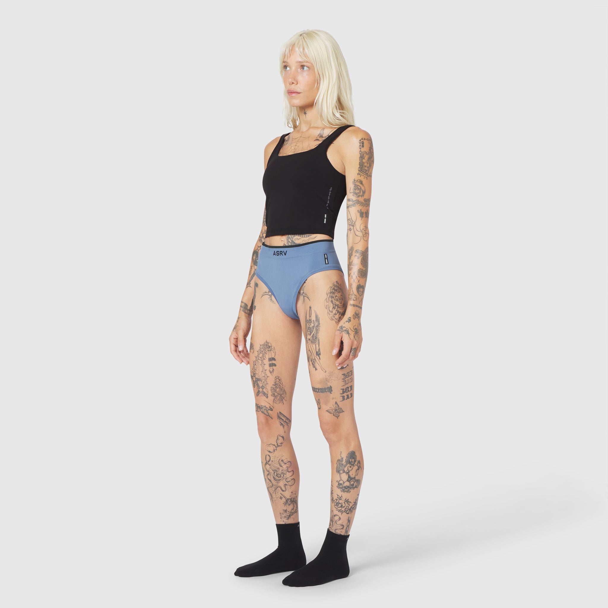 W098 LYCRA® ADAPTIV Seamless Underwear in Slate Blue, worn by model