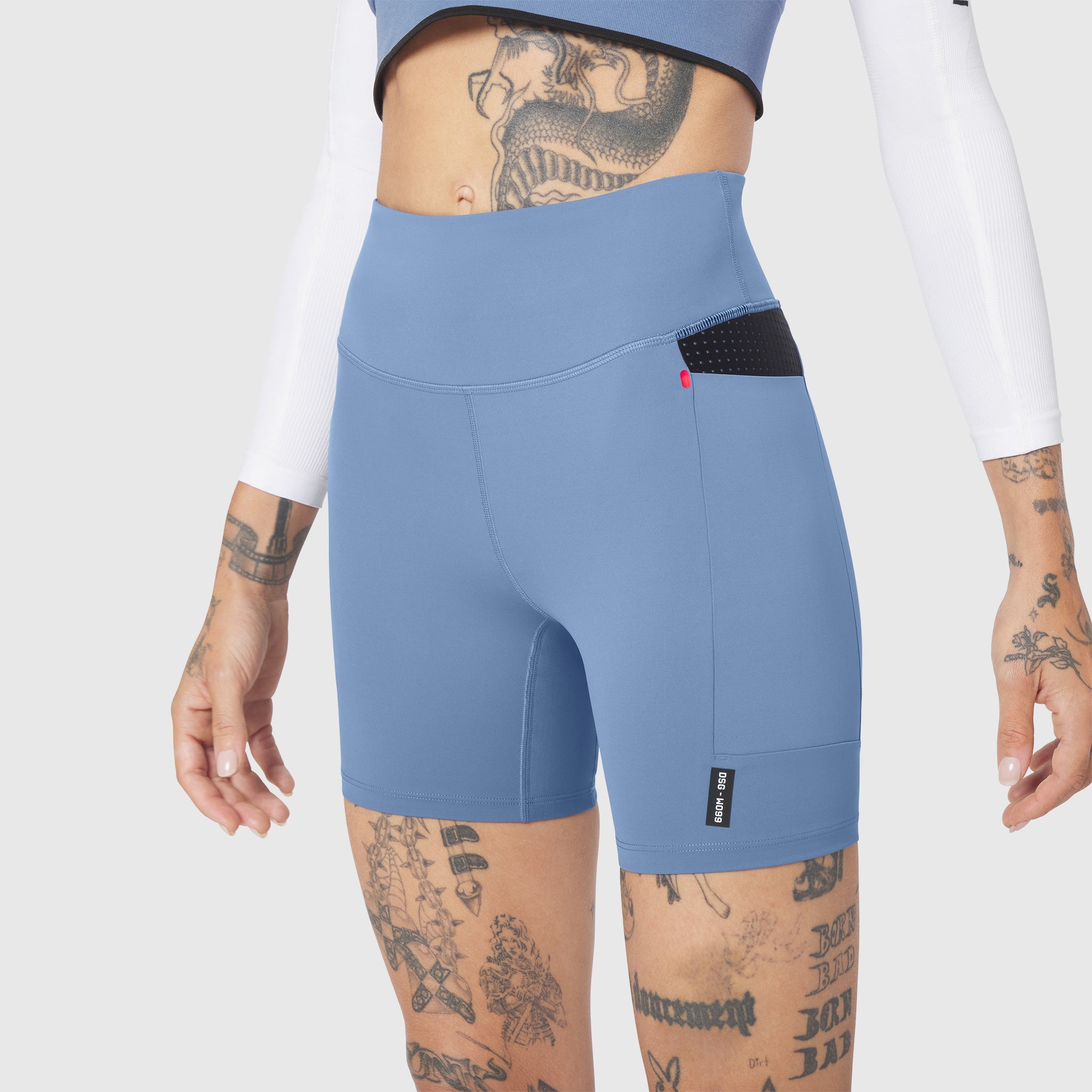 W099 LYCRA® ADAPTIV Hybrid Bike Short in Slate Blue, front view on model
