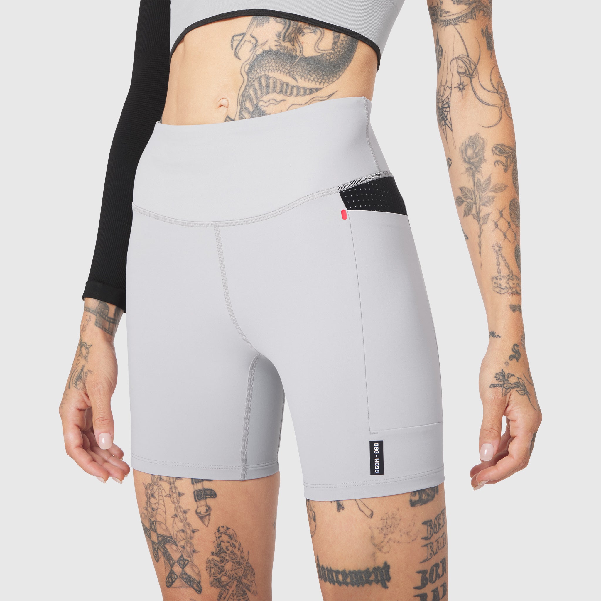W099 LYCRA® ADAPTIV Hybrid Bike Short in Slate Grey, front view on model