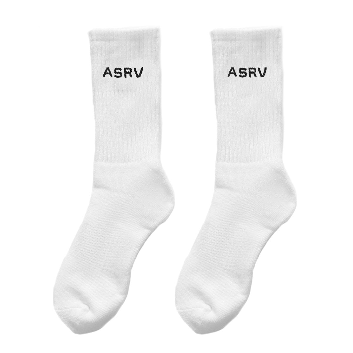 Flatlay of white ASRV Essential Crew Socks pair, front view