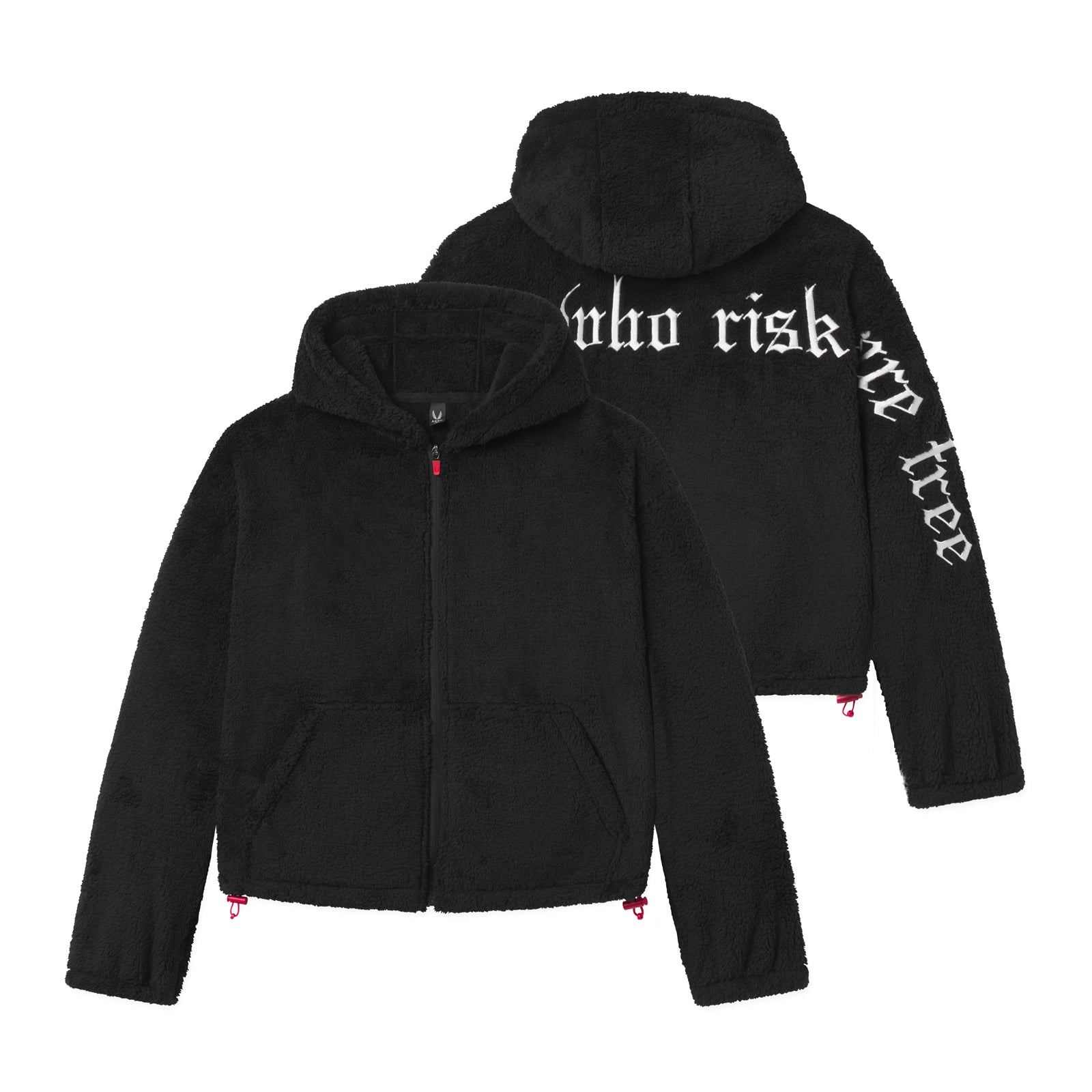 flatlay Women's Sherpa Recovery Full Zip Hoodie in black with white accents, front and back view