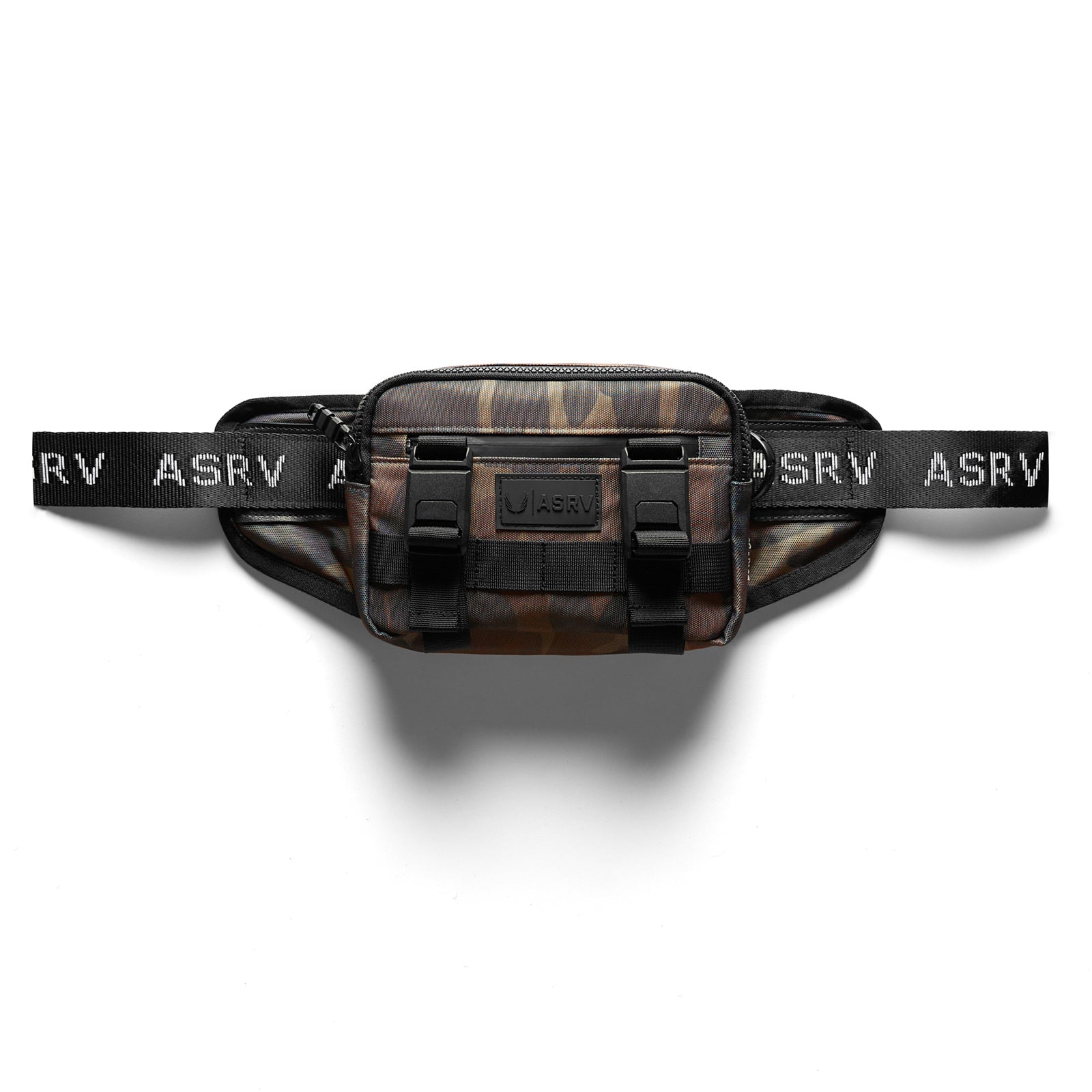 Flatlay of Small Crossbody Bag in rust camo, front view