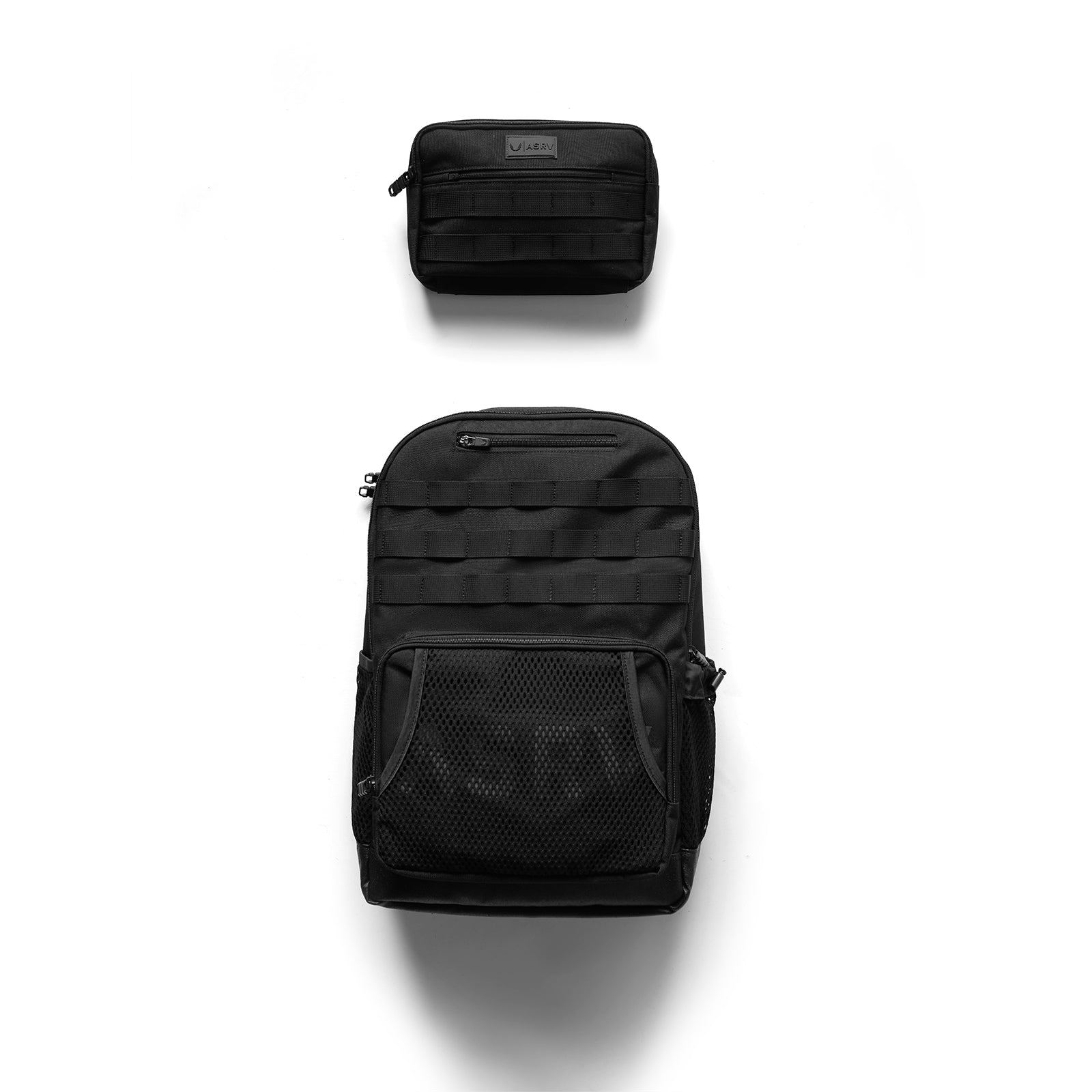 Flatlay of 0200 Cordura Modular 2-in-1 Crossbody Backpack in black, front and detached views